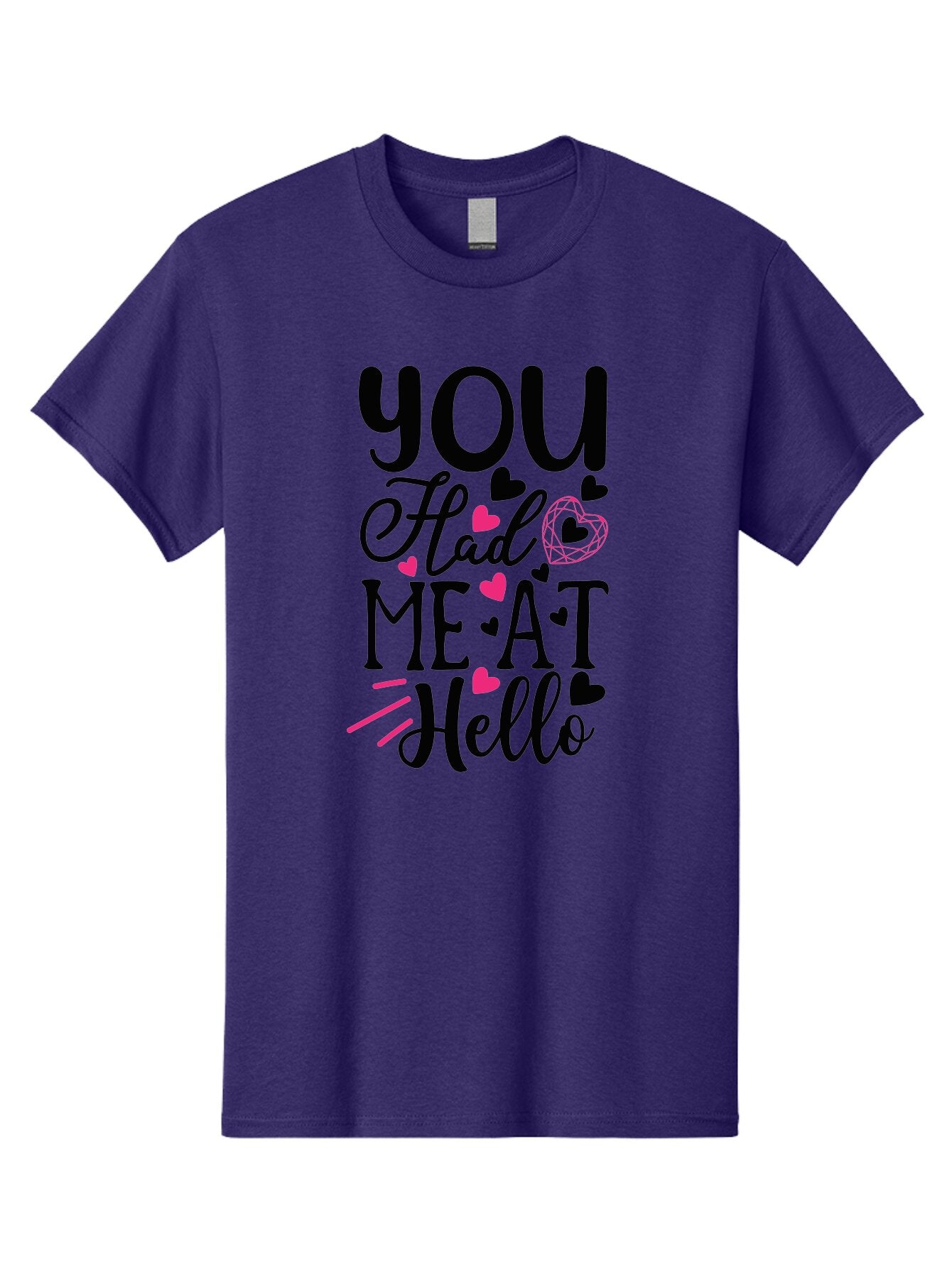 You Had Me At Hello Men'S Graphic Tee, 100% Cotton, Comfortable Casual Summer Wear, Machine Washable, Love Quote, Romantic Phrase, Hearts Design, Cursive Text, Pink Hearts, Black Font, Hello Message, Valentine'S Day Gift, Cute Typography, Aae875