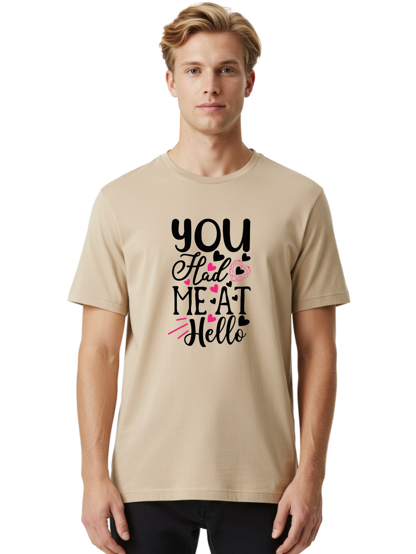 You Had Me At Hello Men'S Graphic Tee, 100% Cotton, Comfortable Casual Summer Wear, Machine Washable, Love Quote, Romantic Phrase, Hearts Design, Cursive Text, Pink Hearts, Black Font, Hello Message, Valentine'S Day Gift, Cute Typography, Aae875 18