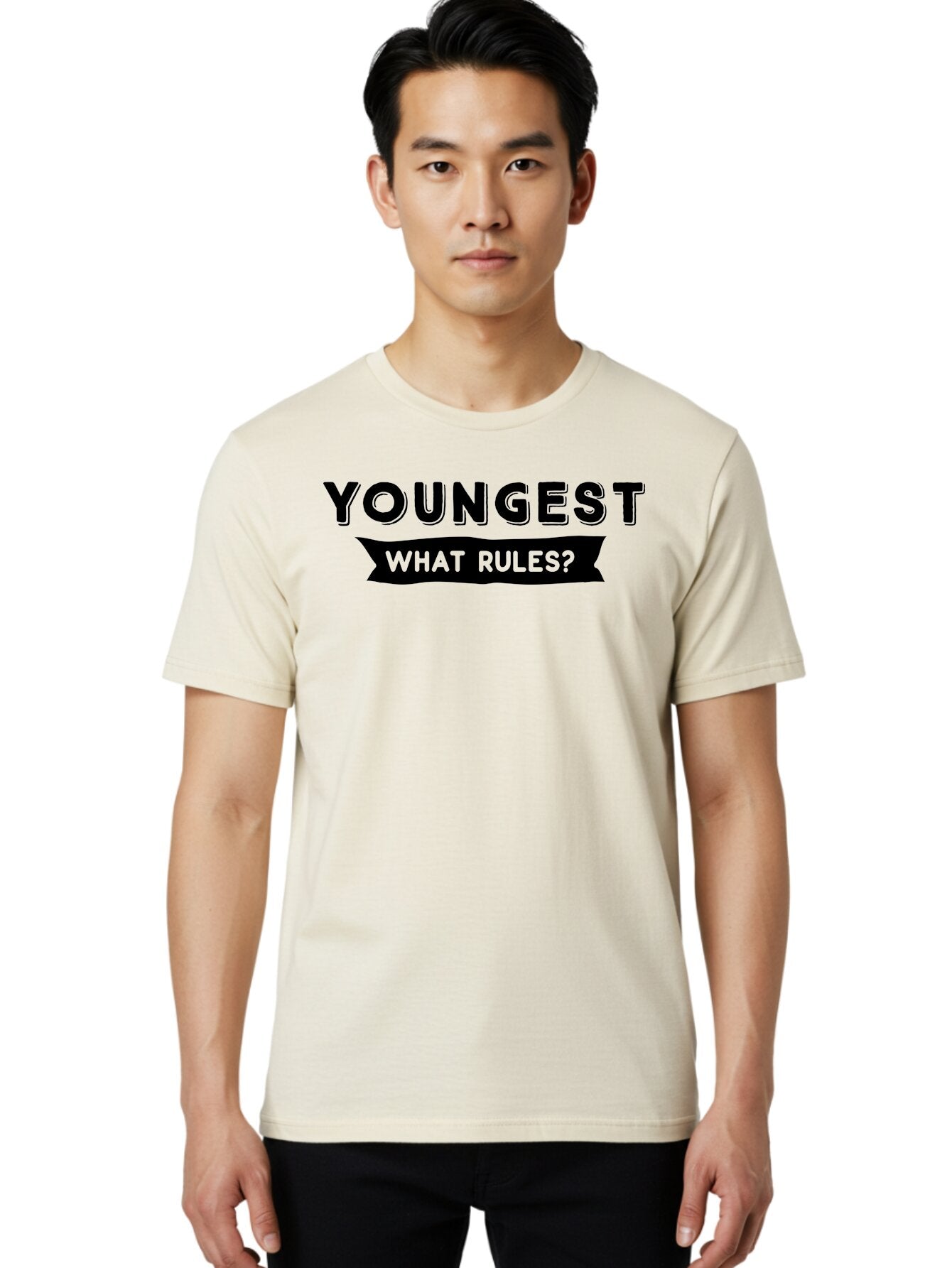 Youngest - What Rules Men'S Graphic Tee, 100% Cotton, Comfortable Casual Summer Wear, Machine Washable, Youngest, Rules, Bold Font, Black And Green, Provocative Question, Attention-Grabbing, Thought-Provoking Aae879 24