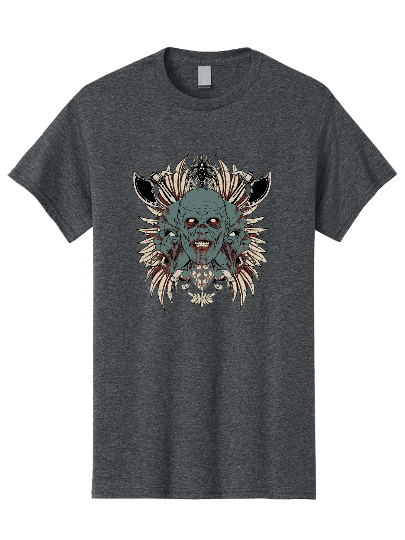 Zombie Throne Men'S Graphic Tee, 100% Cotton, Comfortable Casual Summer Wear, Machine Washable, Horror, Monster, Bloody Head, Multiple Eyes, Sharp Teeth, Metal Armor, Fantasy Creature, Gothic Art, Dark Design, Creepy Character, Aae880