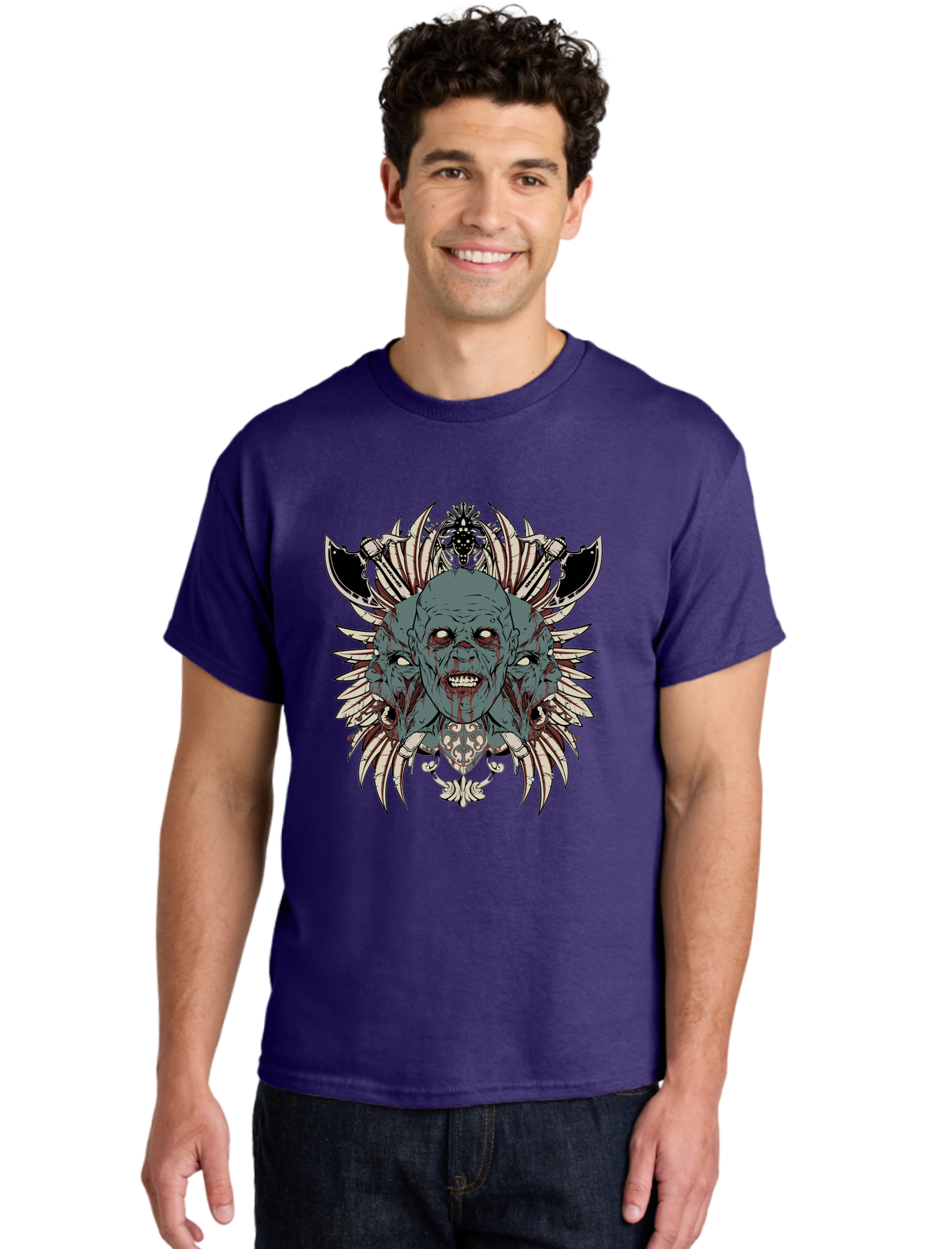 Zombie Throne Men'S Graphic Tee, 100% Cotton, Comfortable Casual Summer Wear, Machine Washable, Horror, Monster, Bloody Head, Multiple Eyes, Sharp Teeth, Metal Armor, Fantasy Creature, Gothic Art, Dark Design, Creepy Character, Aae880 22
