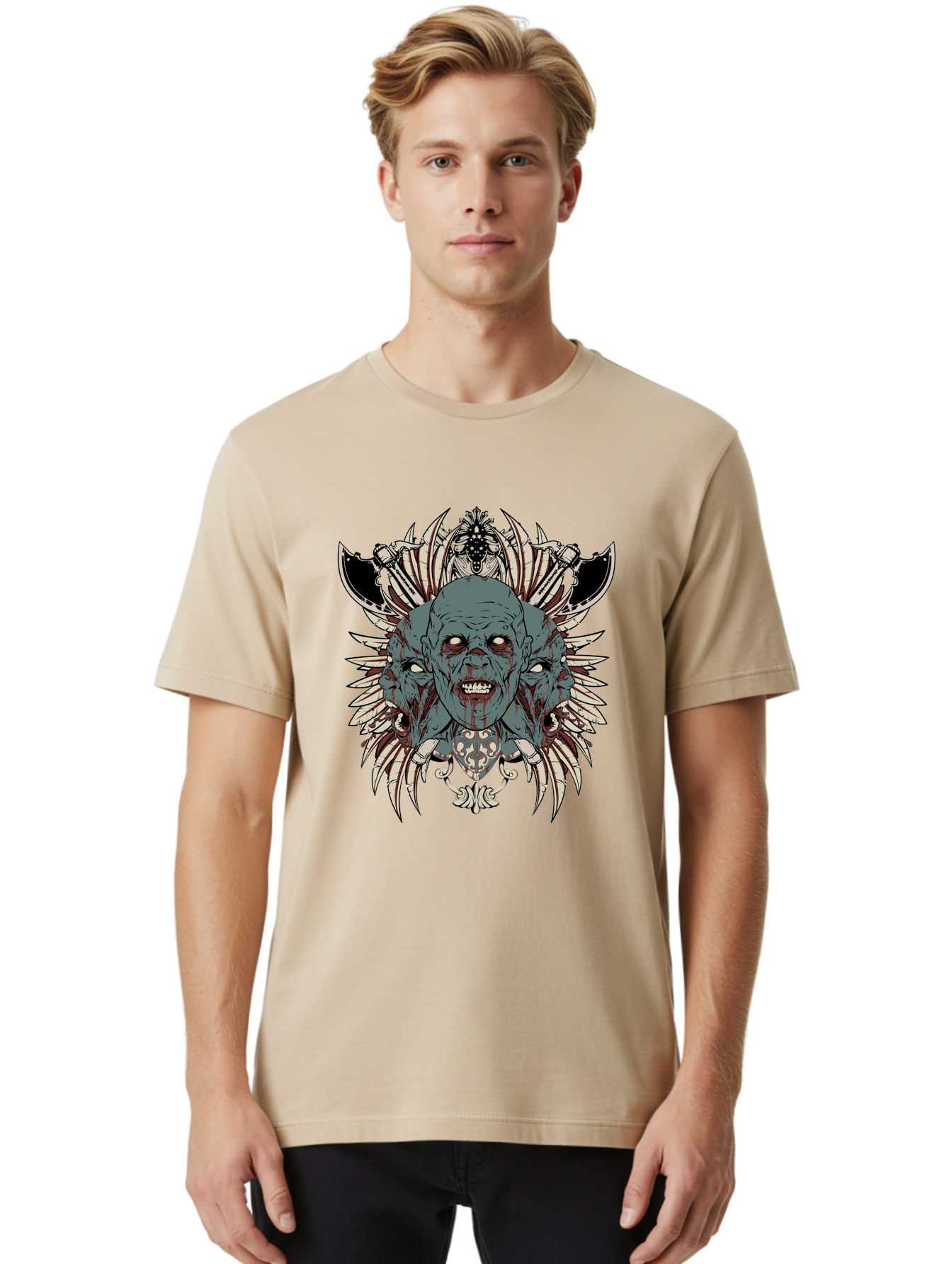 Zombie Throne Men'S Graphic Tee, 100% Cotton, Comfortable Casual Summer Wear, Machine Washable, Horror, Monster, Bloody Head, Multiple Eyes, Sharp Teeth, Metal Armor, Fantasy Creature, Gothic Art, Dark Design, Creepy Character, Aae880 16