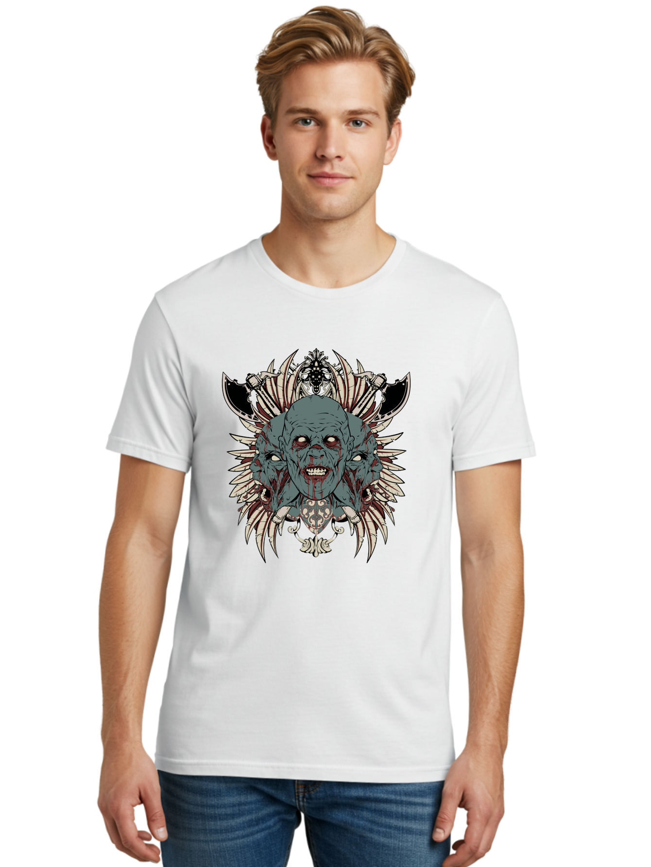 Zombie Throne Men'S Graphic Tee, 100% Cotton, Comfortable Casual Summer Wear, Machine Washable, Horror, Monster, Bloody Head, Multiple Eyes, Sharp Teeth, Metal Armor, Fantasy Creature, Gothic Art, Dark Design, Creepy Character, Aae880 30