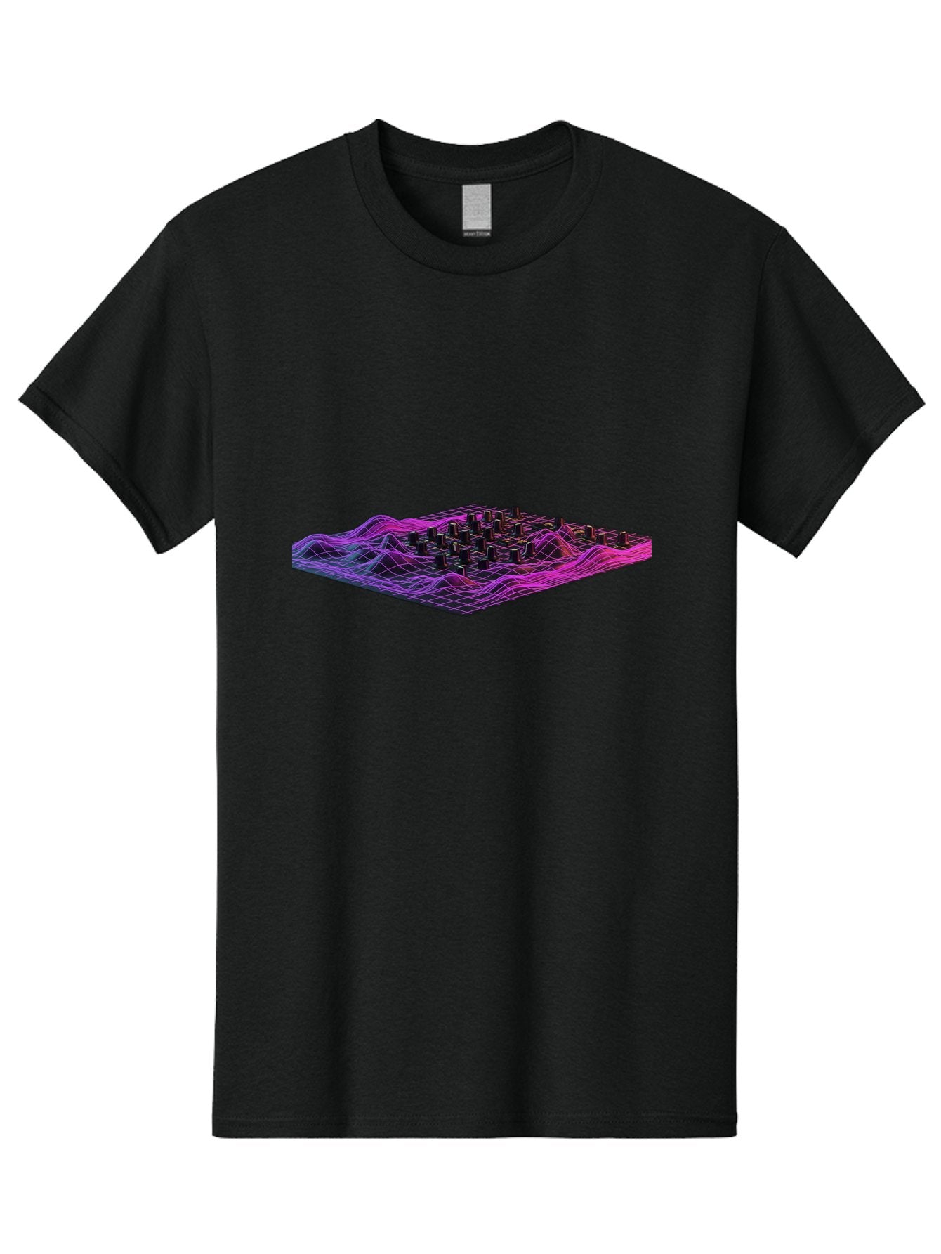 3D-Cityscape-Grid Men'S Graphic Tee, 100% Cotton, Comfortable Casual Summer Wear, Machine Washable, 3D Grid Landscape, Neon Purple And Pink, Futuristic Terrain, Wavy Lines, Grid Pattern, Abstract Geometry, Digital Artwork, Vibrant Colors, Baa000 14