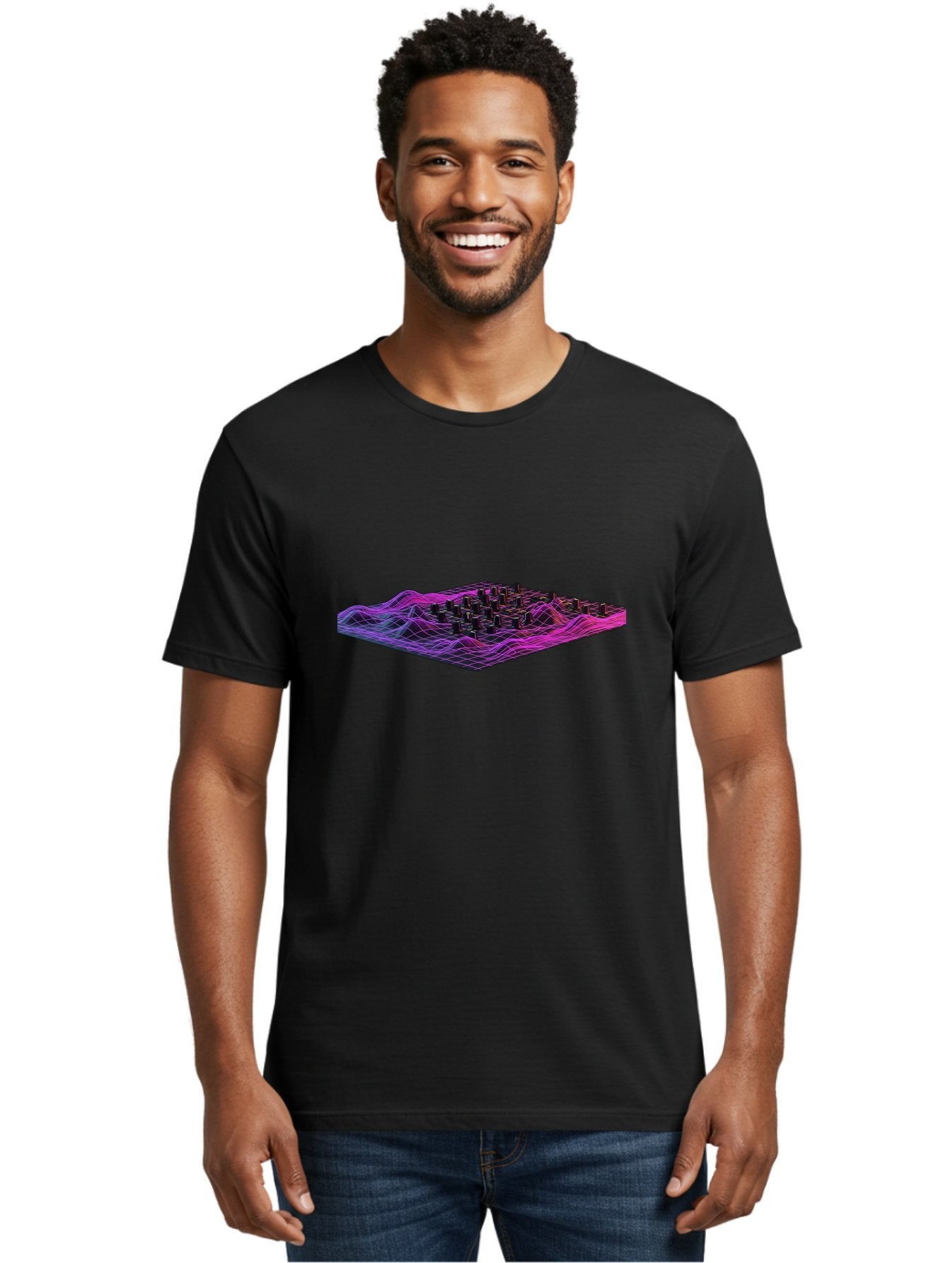 3D-Cityscape-Grid Men'S Graphic Tee, 100% Cotton, Comfortable Casual Summer Wear, Machine Washable, 3D Grid Landscape, Neon Purple And Pink, Futuristic Terrain, Wavy Lines, Grid Pattern, Abstract Geometry, Digital Artwork, Vibrant Colors, Baa000 29