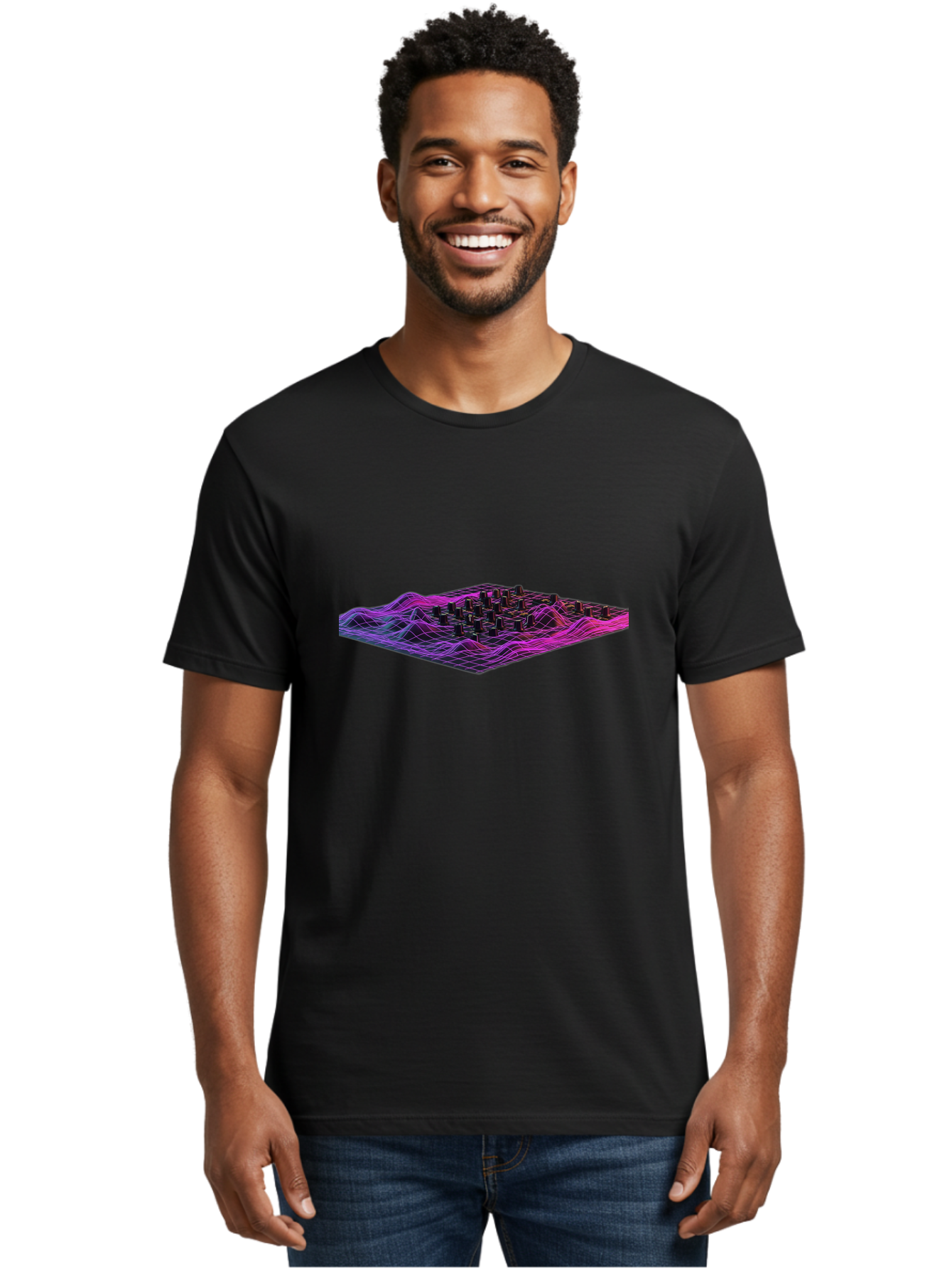 3D-Cityscape-Grid Men'S Graphic Tee, 100% Cotton, Comfortable Casual Summer Wear, Machine Washable, 3D Grid Landscape, Neon Purple And Pink, Futuristic Terrain, Wavy Lines, Grid Pattern, Abstract Geometry, Digital Artwork, Vibrant Colors, Baa000 4