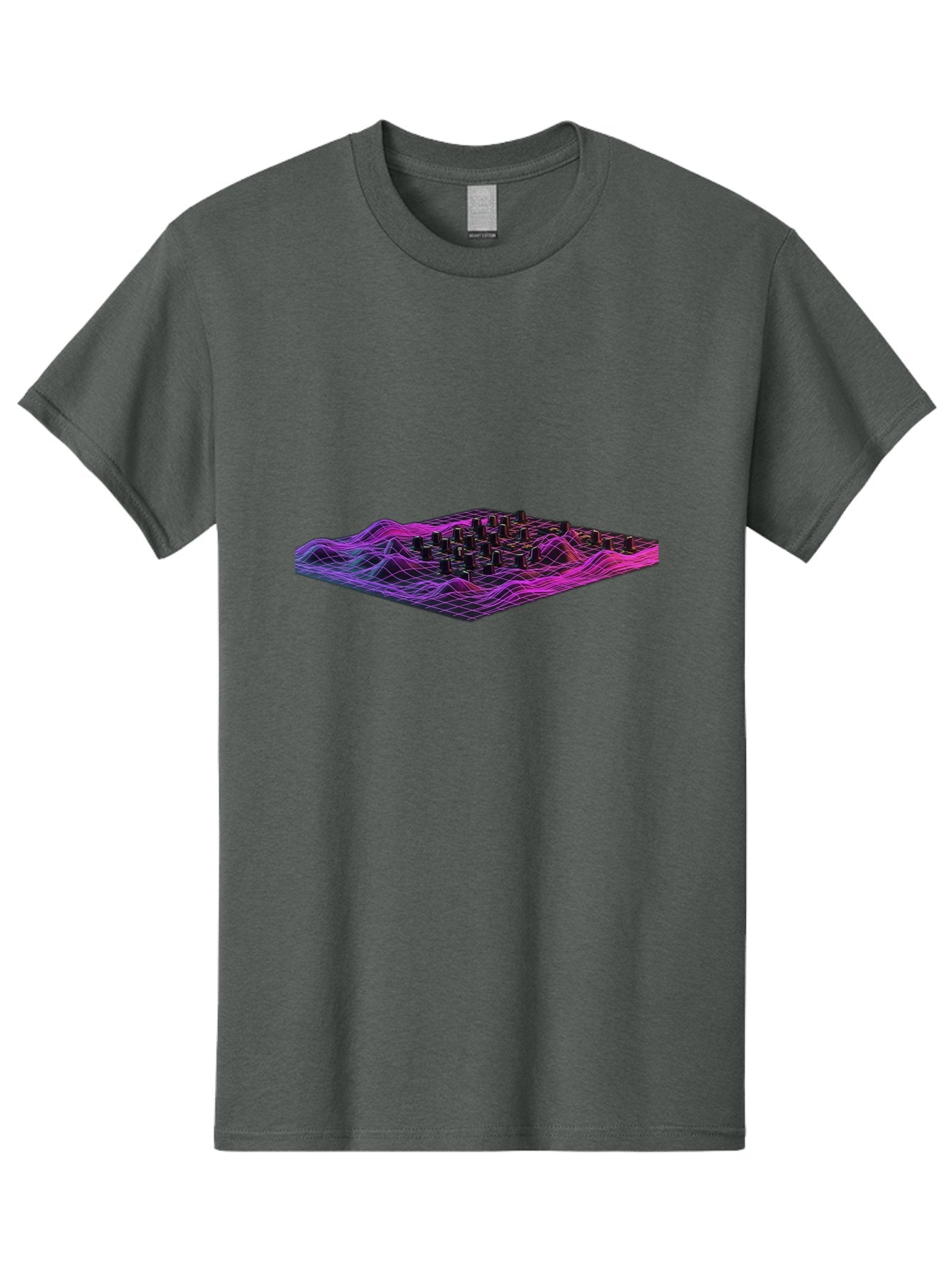 3D-Cityscape-Grid Men'S Graphic Tee, 100% Cotton, Comfortable Casual Summer Wear, Machine Washable, 3D Grid Landscape, Neon Purple And Pink, Futuristic Terrain, Wavy Lines, Grid Pattern, Abstract Geometry, Digital Artwork, Vibrant Colors, Baa000 12