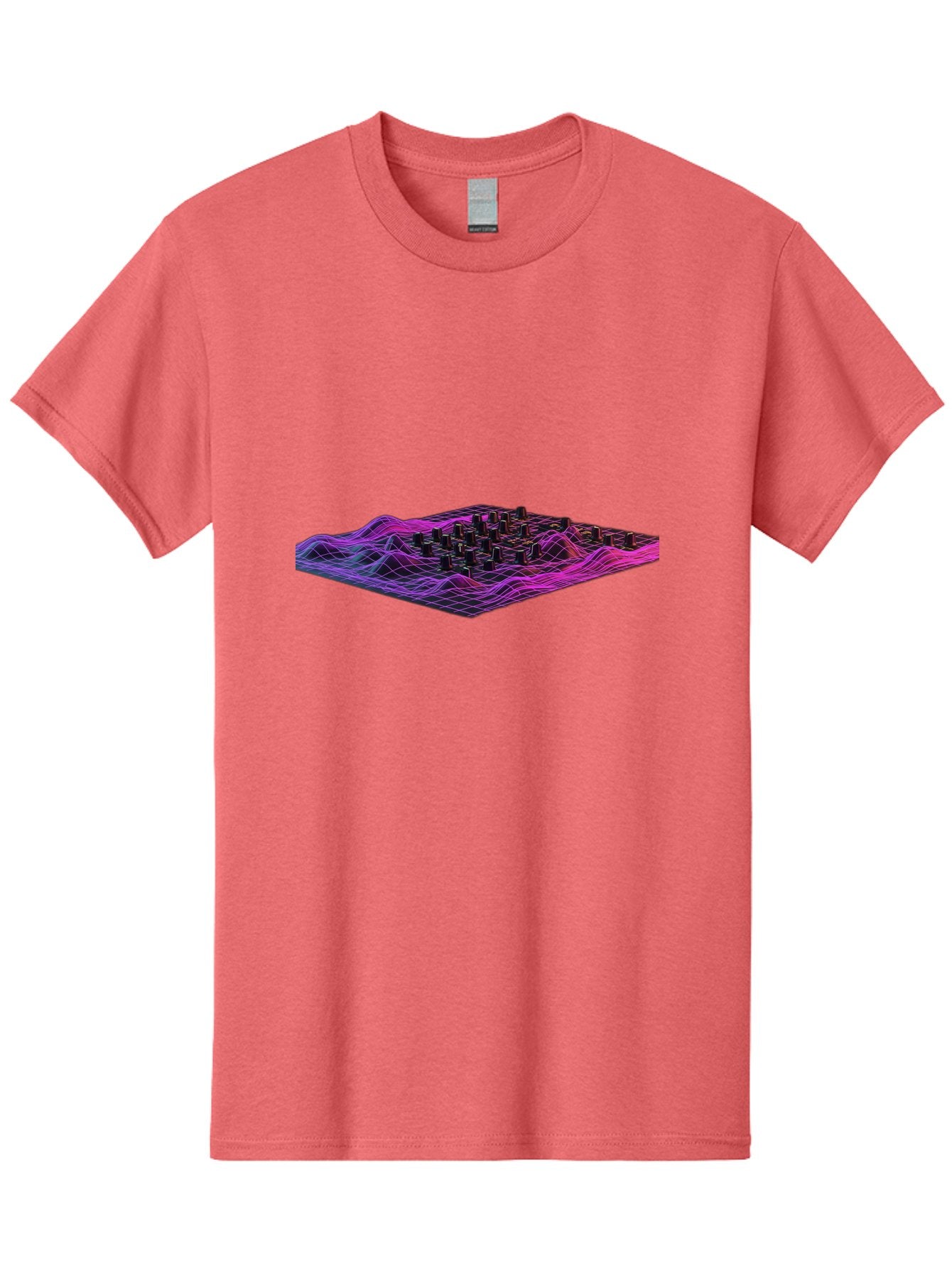 3D-Cityscape-Grid Men'S Graphic Tee, 100% Cotton, Comfortable Casual Summer Wear, Machine Washable, 3D Grid Landscape, Neon Purple And Pink, Futuristic Terrain, Wavy Lines, Grid Pattern, Abstract Geometry, Digital Artwork, Vibrant Colors, Baa000 9