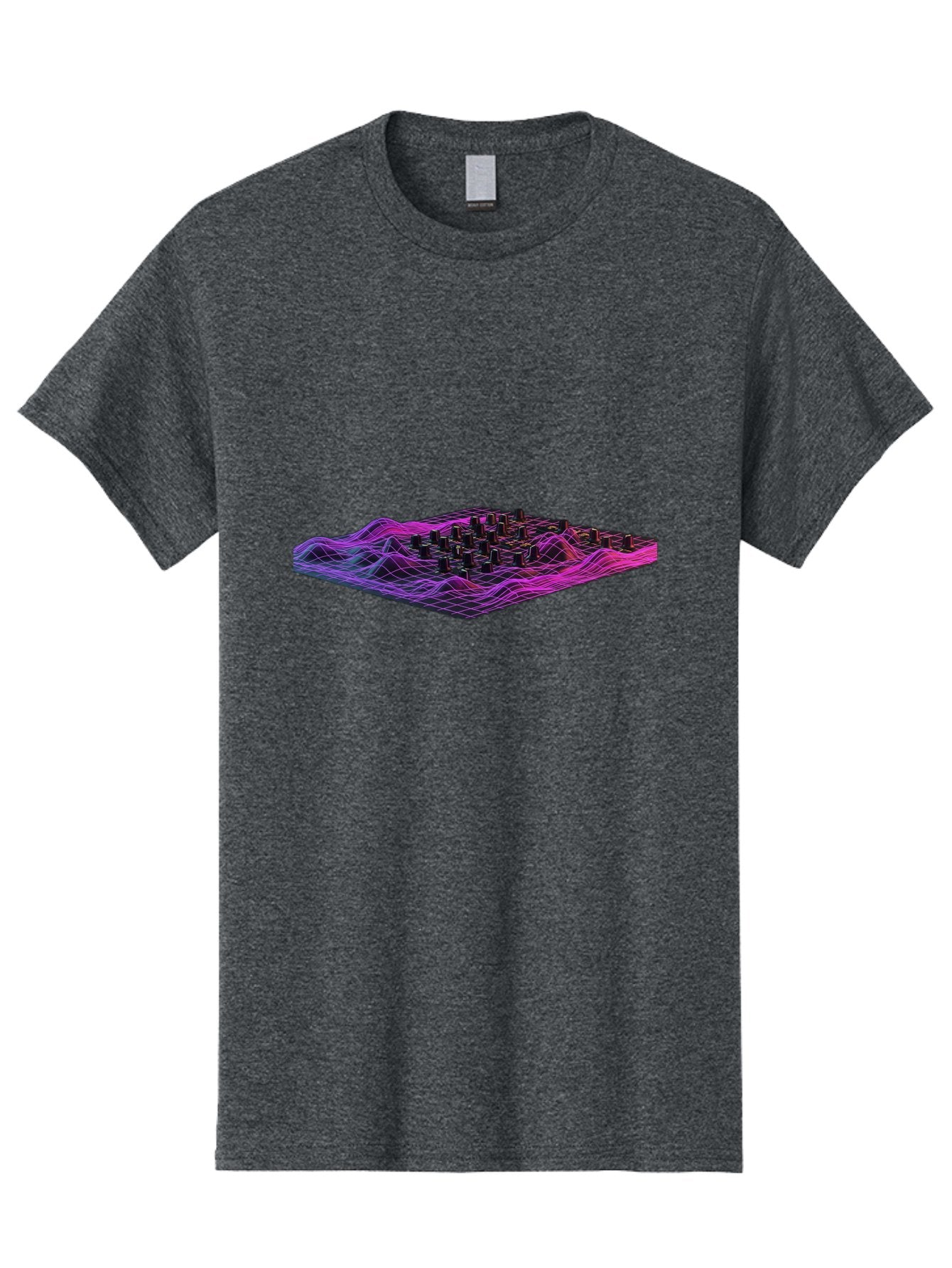 3D-Cityscape-Grid Men'S Graphic Tee, 100% Cotton, Comfortable Casual Summer Wear, Machine Washable, 3D Grid Landscape, Neon Purple And Pink, Futuristic Terrain, Wavy Lines, Grid Pattern, Abstract Geometry, Digital Artwork, Vibrant Colors, Baa000 3