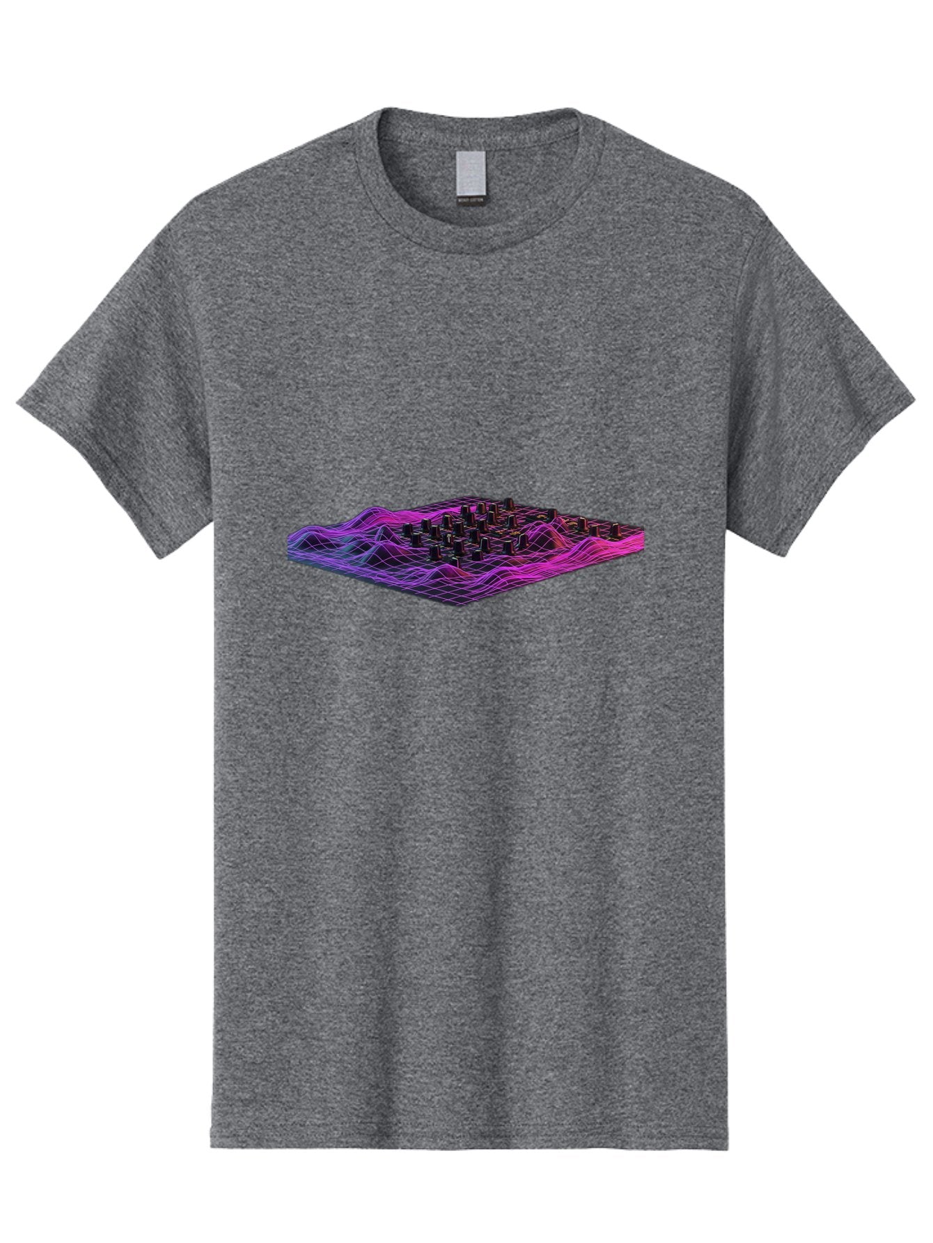 3D-Cityscape-Grid Men'S Graphic Tee, 100% Cotton, Comfortable Casual Summer Wear, Machine Washable, 3D Grid Landscape, Neon Purple And Pink, Futuristic Terrain, Wavy Lines, Grid Pattern, Abstract Geometry, Digital Artwork, Vibrant Colors, Baa000