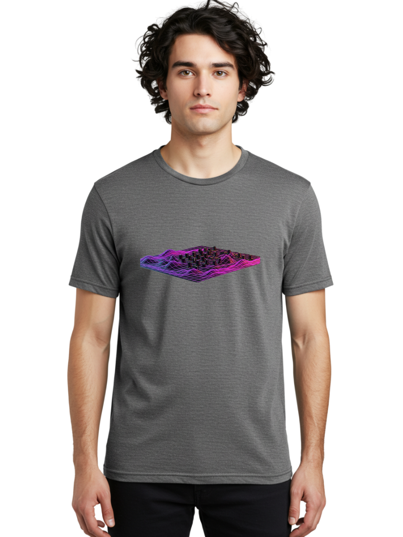 3D-Cityscape-Grid Men'S Graphic Tee, 100% Cotton, Comfortable Casual Summer Wear, Machine Washable, 3D Grid Landscape, Neon Purple And Pink, Futuristic Terrain, Wavy Lines, Grid Pattern, Abstract Geometry, Digital Artwork, Vibrant Colors, Baa000 20