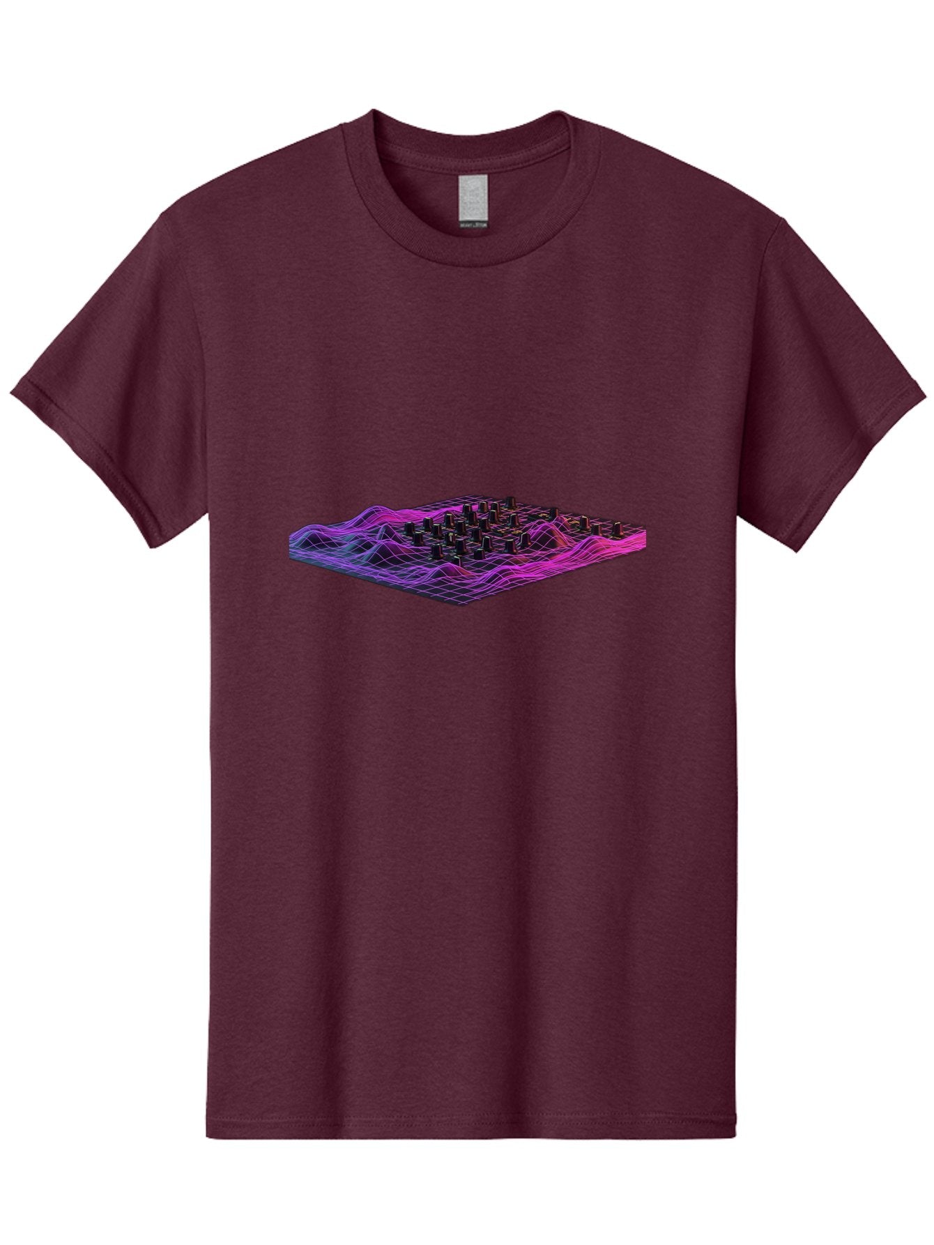 3D-Cityscape-Grid Men'S Graphic Tee, 100% Cotton, Comfortable Casual Summer Wear, Machine Washable, 3D Grid Landscape, Neon Purple And Pink, Futuristic Terrain, Wavy Lines, Grid Pattern, Abstract Geometry, Digital Artwork, Vibrant Colors, Baa000 4