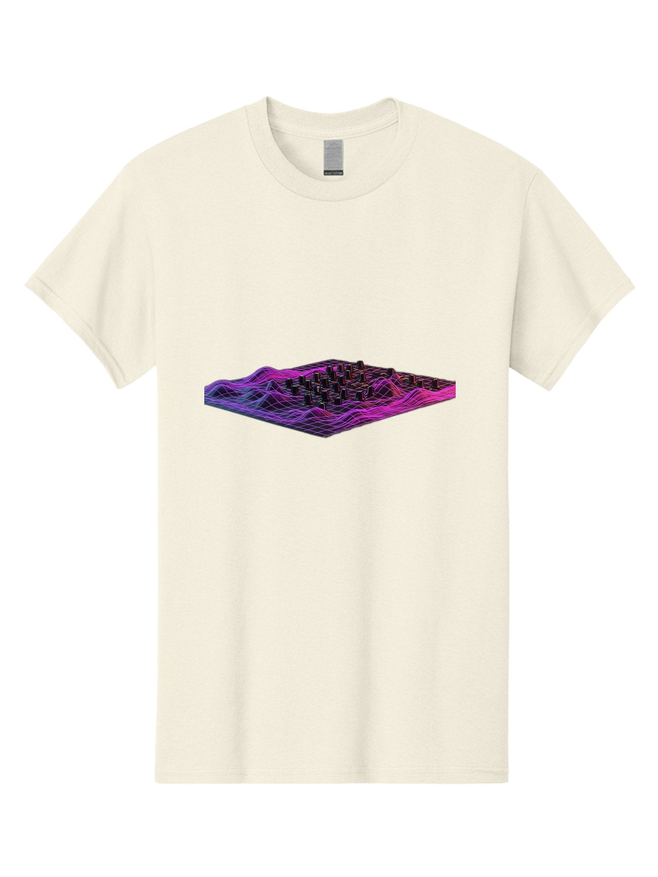 3D-Cityscape-Grid Men'S Graphic Tee, 100% Cotton, Comfortable Casual Summer Wear, Machine Washable, 3D Grid Landscape, Neon Purple And Pink, Futuristic Terrain, Wavy Lines, Grid Pattern, Abstract Geometry, Digital Artwork, Vibrant Colors, Baa000 6