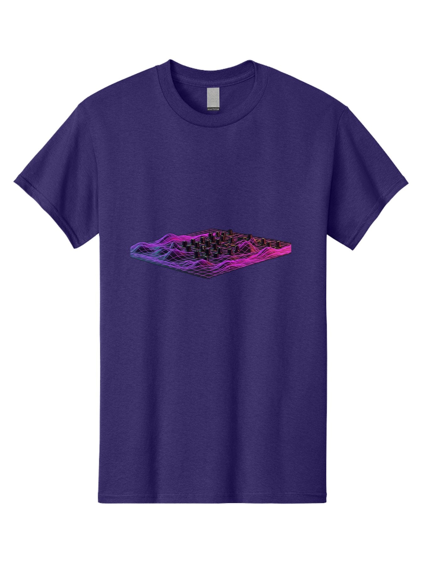 3D-Cityscape-Grid Men'S Graphic Tee, 100% Cotton, Comfortable Casual Summer Wear, Machine Washable, 3D Grid Landscape, Neon Purple And Pink, Futuristic Terrain, Wavy Lines, Grid Pattern, Abstract Geometry, Digital Artwork, Vibrant Colors, Baa000 5