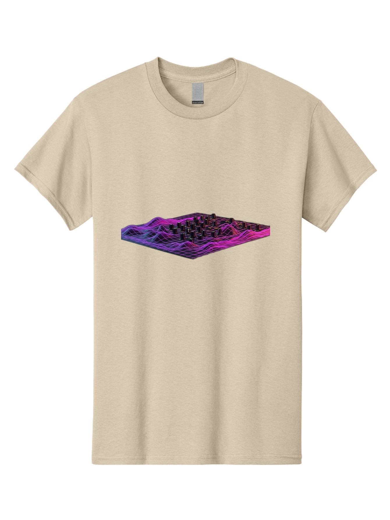 3D-Cityscape-Grid Men'S Graphic Tee, 100% Cotton, Comfortable Casual Summer Wear, Machine Washable, 3D Grid Landscape, Neon Purple And Pink, Futuristic Terrain, Wavy Lines, Grid Pattern, Abstract Geometry, Digital Artwork, Vibrant Colors, Baa000 7