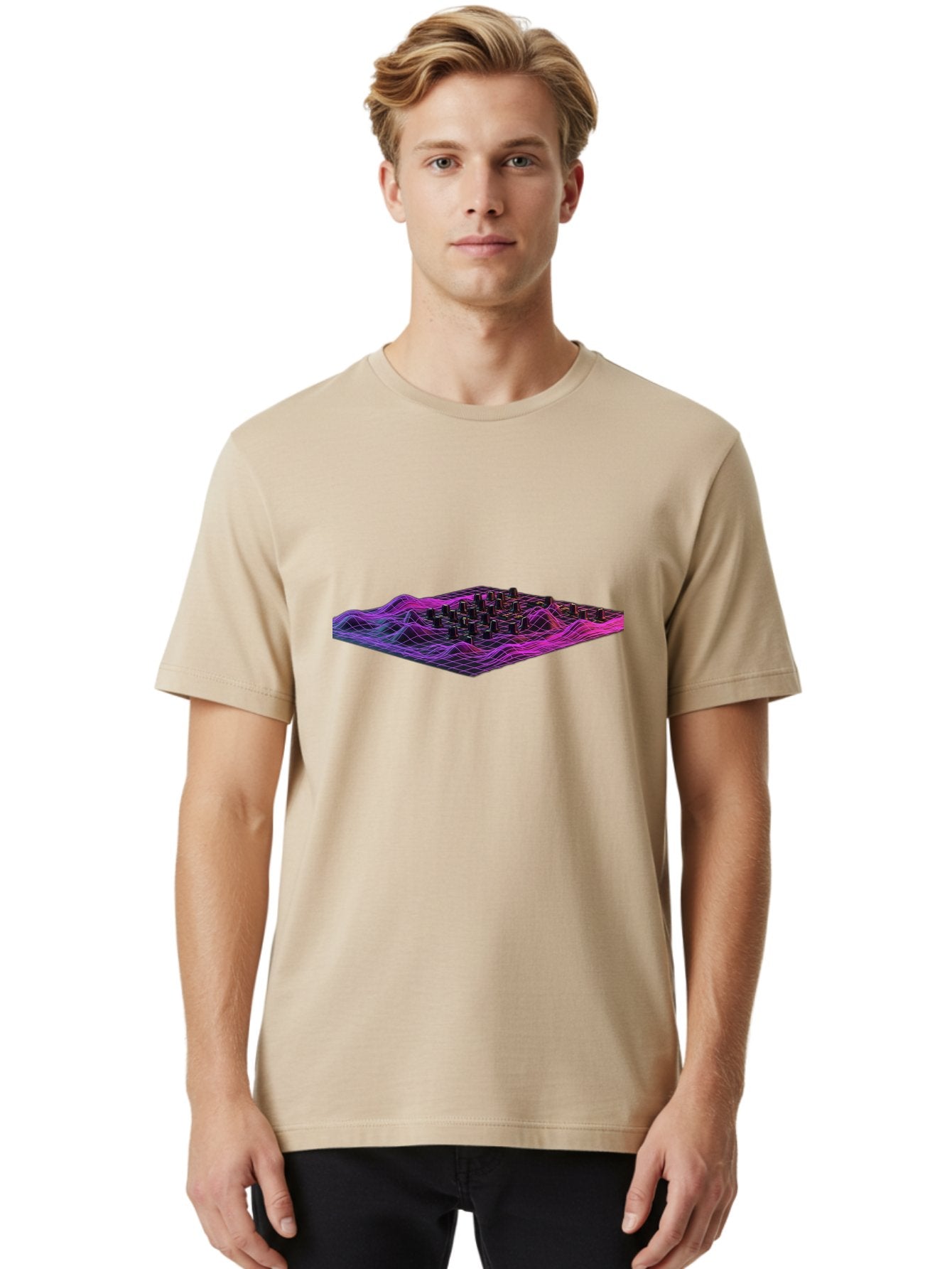 3D-Cityscape-Grid Men'S Graphic Tee, 100% Cotton, Comfortable Casual Summer Wear, Machine Washable, 3D Grid Landscape, Neon Purple And Pink, Futuristic Terrain, Wavy Lines, Grid Pattern, Abstract Geometry, Digital Artwork, Vibrant Colors, Baa000 16