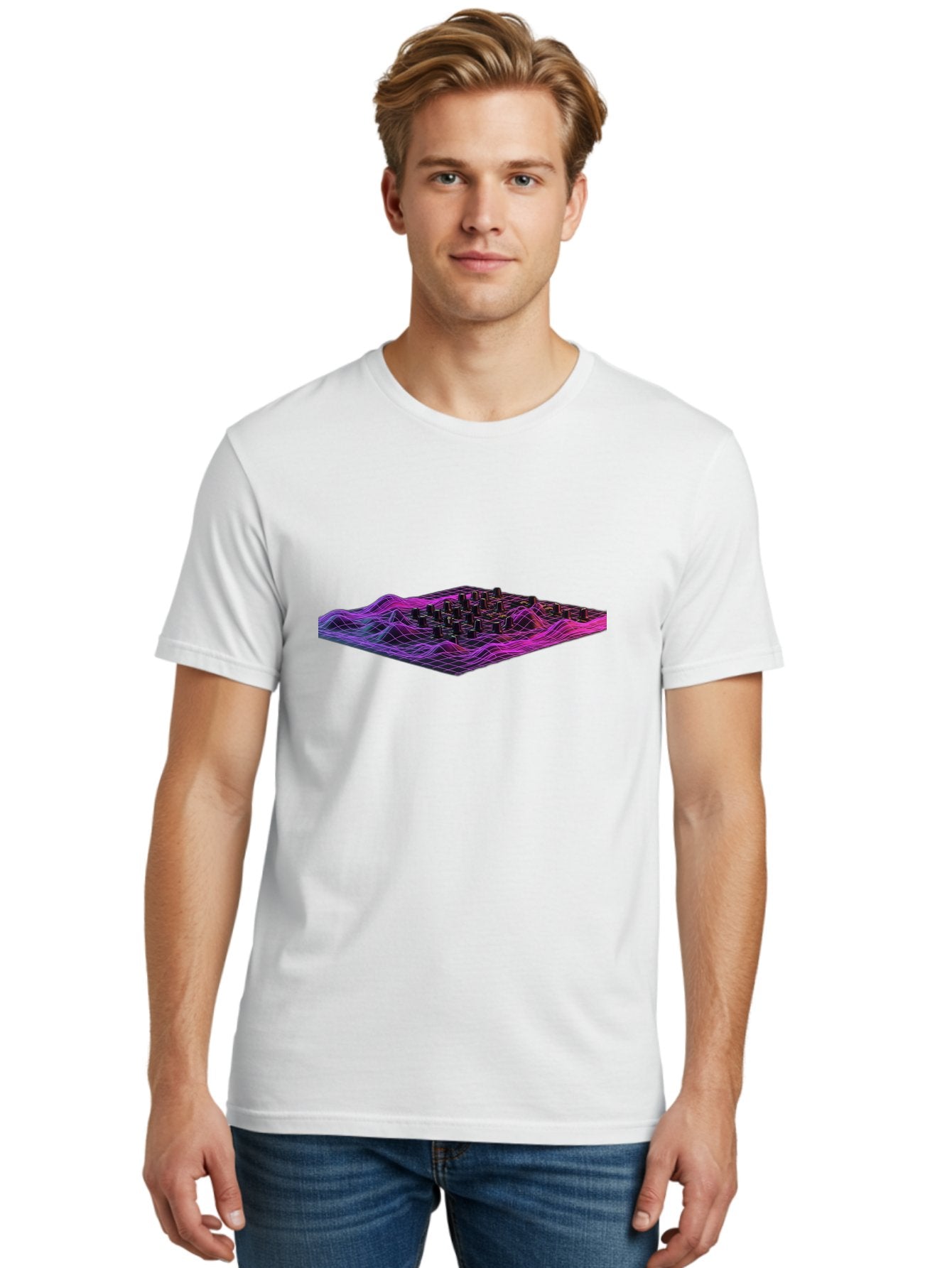3D-Cityscape-Grid Men'S Graphic Tee, 100% Cotton, Comfortable Casual Summer Wear, Machine Washable, 3D Grid Landscape, Neon Purple And Pink, Futuristic Terrain, Wavy Lines, Grid Pattern, Abstract Geometry, Digital Artwork, Vibrant Colors, Baa000 25