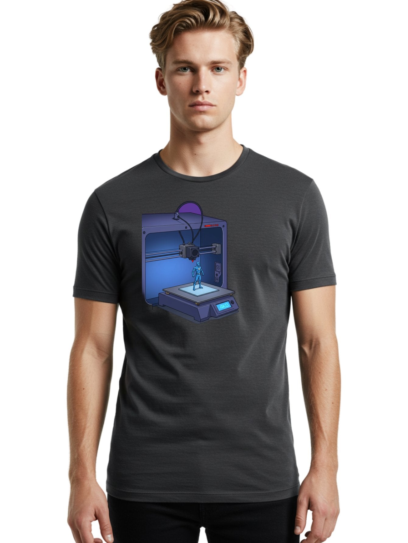 3D-Printer-10 Men'S Graphic Tee, 100% Cotton, Comfortable Casual Summer Wear, Machine Washable, 3D Printing Technology, Futuristic Design, Robotic Figure, Precise Manufacturing, Innovative Machinery, Additive Manufacturing, Ako Baa003 23