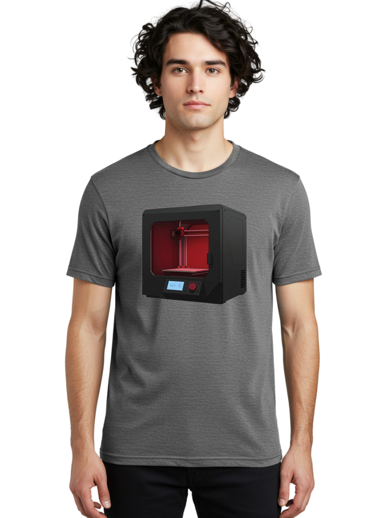 3D-Printer-12 Men'S Graphic Tee, 100% Cotton, Comfortable Casual Summer Wear, Machine Washable, 3D Printing Technology, Additive Manufacturing, Red Lit Interior, Digital Display, Control Panel, Futuristic Design, Precision Engineering, Baa005