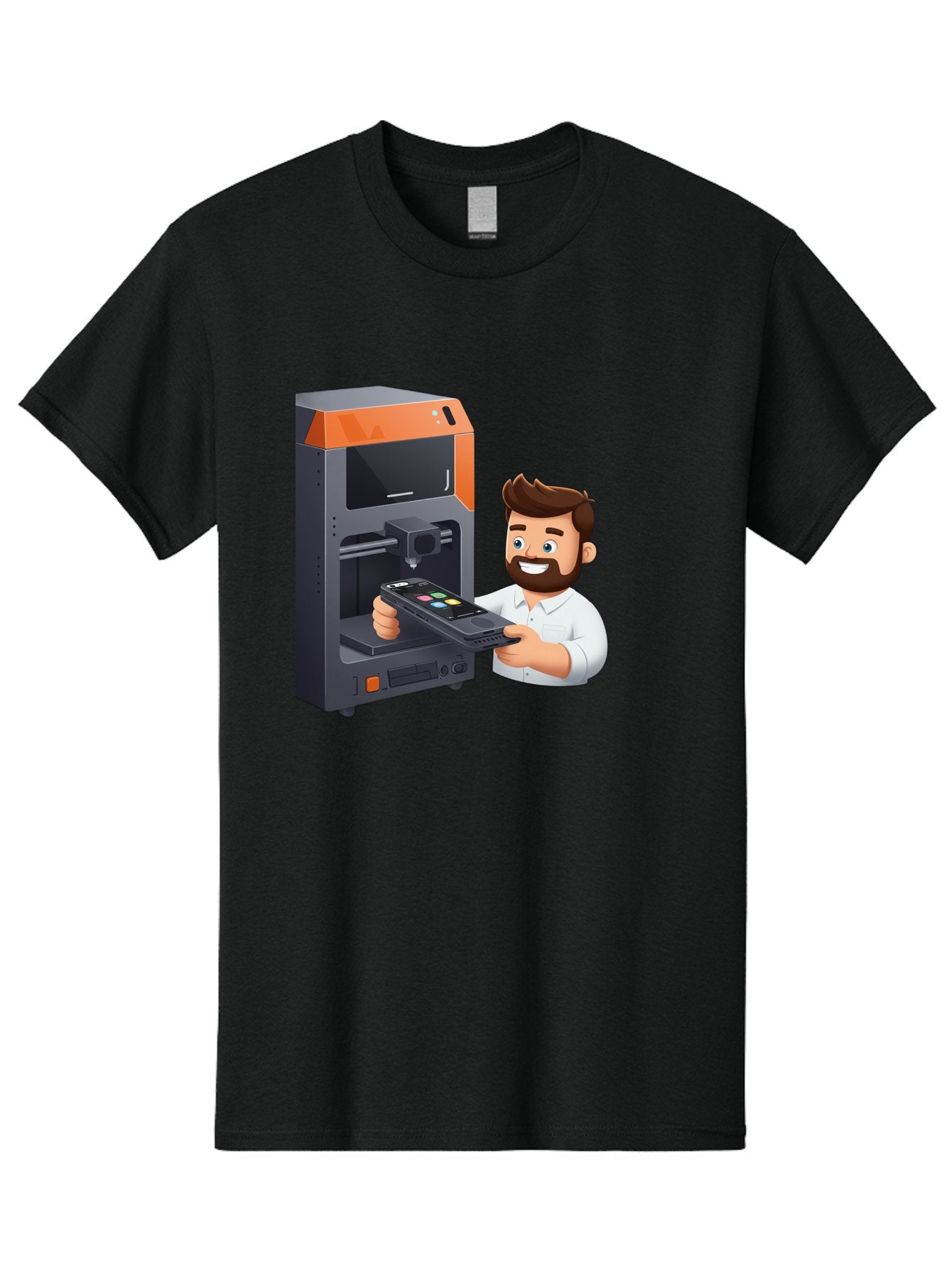 3D-Printer-18 Men'S Graphic Tee, 100% Cotton, Comfortable Casual Summer Wear, Machine Washable, Man Holding Phone, 3D Printing Technology, Phone Scanning, Digital Design, Modern Innovation, Futuristic Manufacturing, 3D Printer Machine Baa011 4