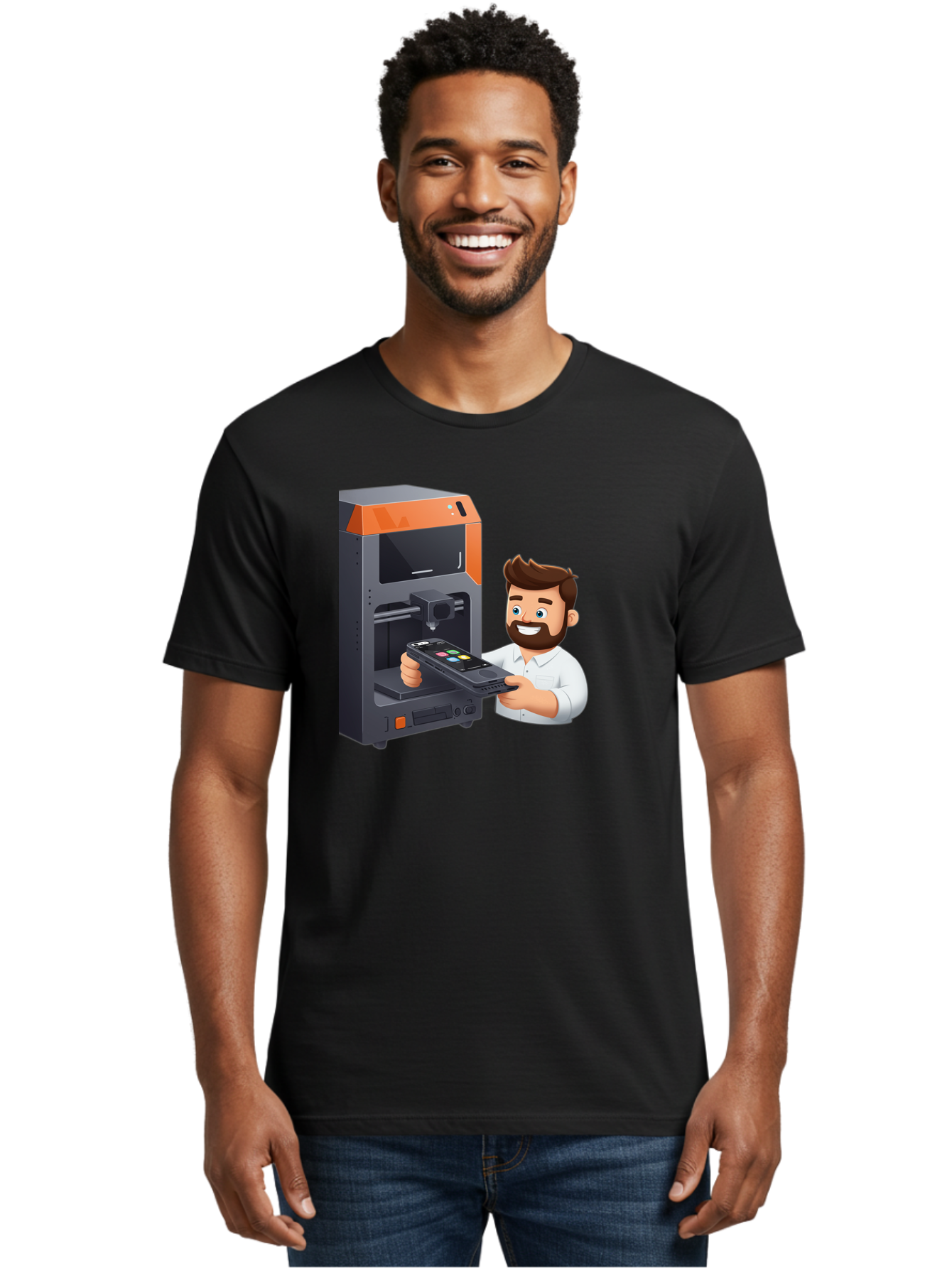 3D-Printer-18 Men'S Graphic Tee, 100% Cotton, Comfortable Casual Summer Wear, Machine Washable, Man Holding Phone, 3D Printing Technology, Phone Scanning, Digital Design, Modern Innovation, Futuristic Manufacturing, 3D Printer Machine Baa011 24