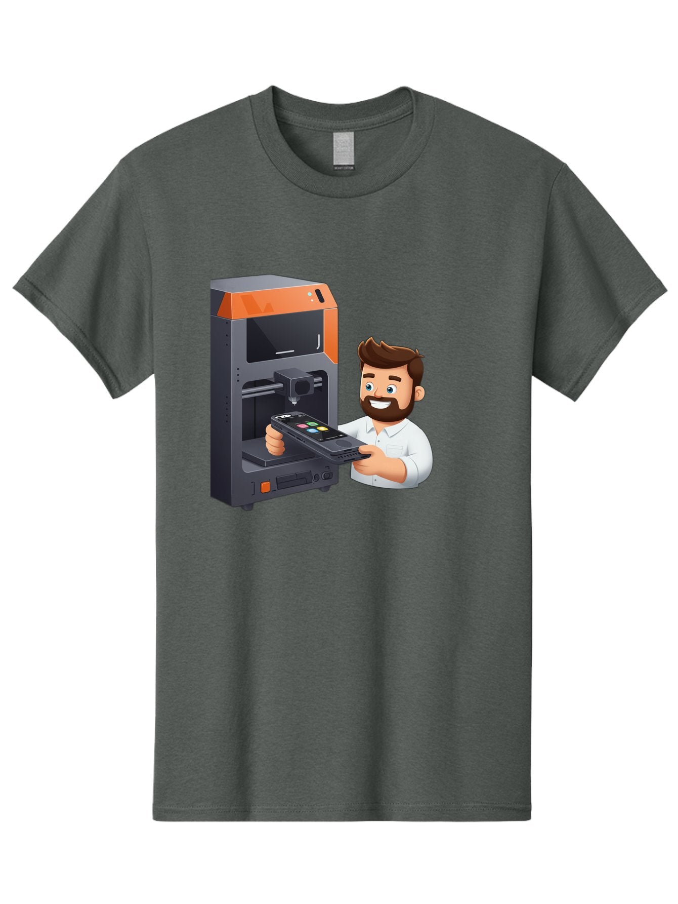 3D-Printer-18 Men'S Graphic Tee, 100% Cotton, Comfortable Casual Summer Wear, Machine Washable, Man Holding Phone, 3D Printing Technology, Phone Scanning, Digital Design, Modern Innovation, Futuristic Manufacturing, 3D Printer Machine Baa011 14