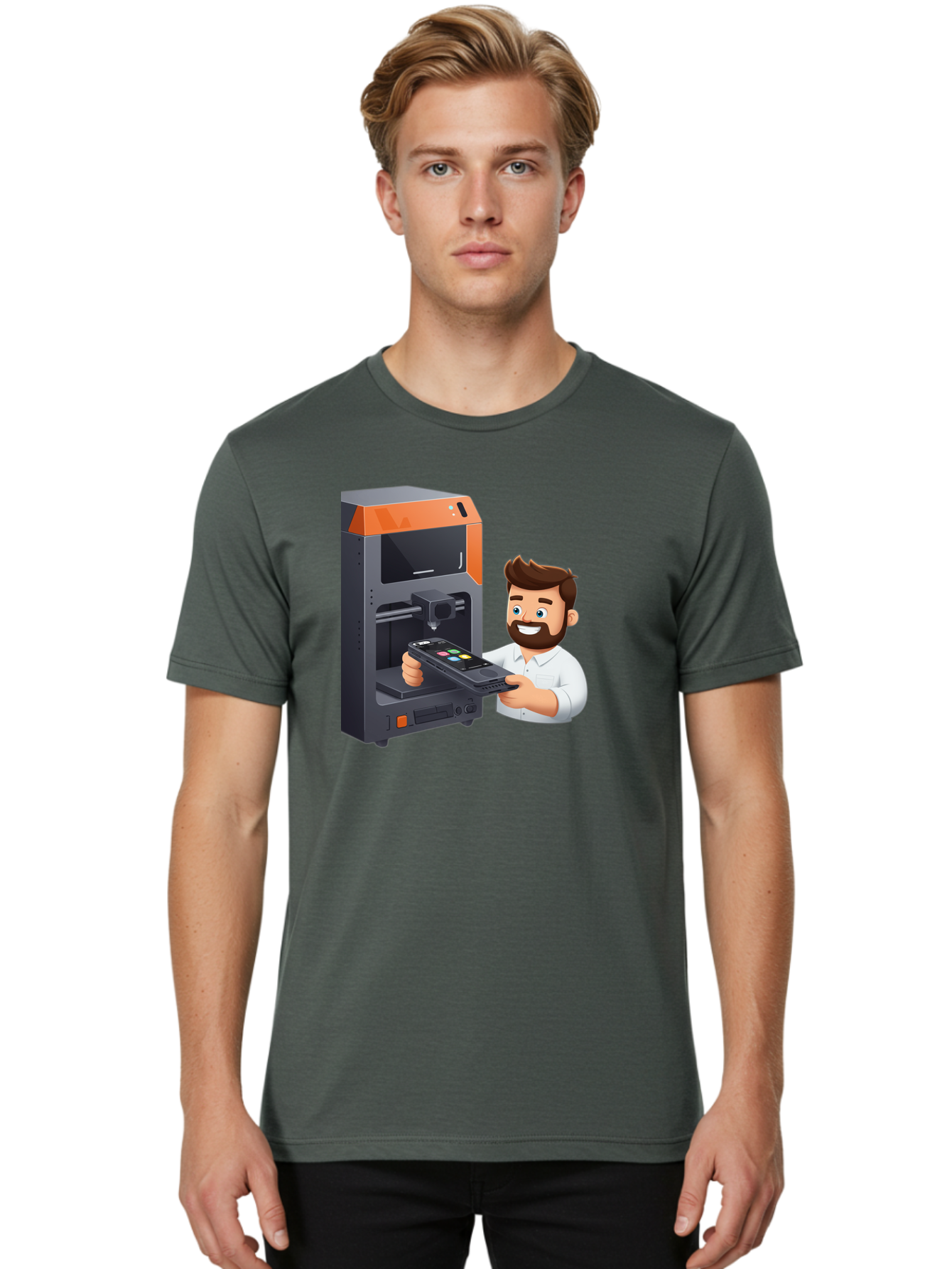 3D-Printer-18 Men'S Graphic Tee, 100% Cotton, Comfortable Casual Summer Wear, Machine Washable, Man Holding Phone, 3D Printing Technology, Phone Scanning, Digital Design, Modern Innovation, Futuristic Manufacturing, 3D Printer Machine Baa011 4