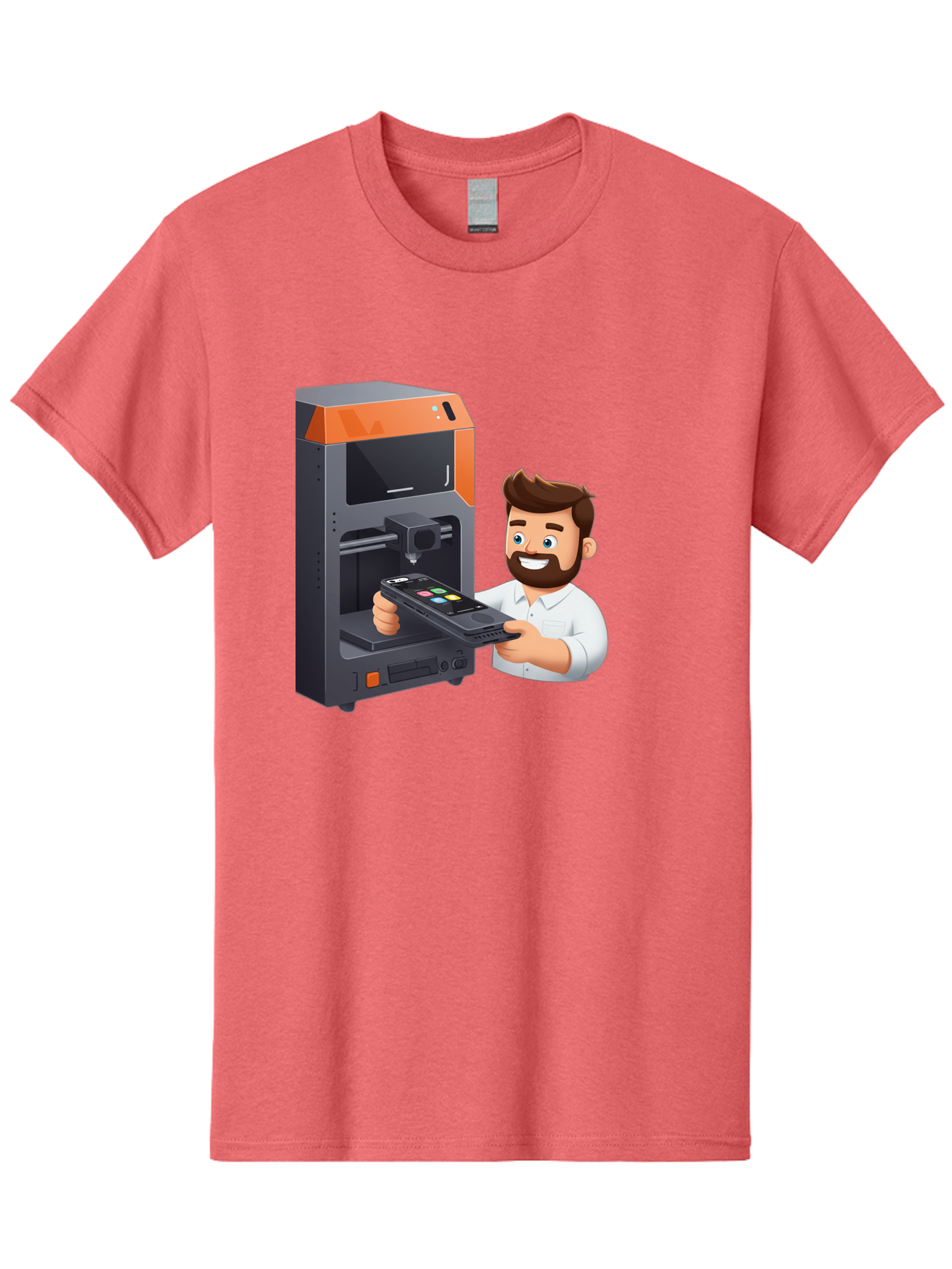 3D-Printer-18 Men'S Graphic Tee, 100% Cotton, Comfortable Casual Summer Wear, Machine Washable, Man Holding Phone, 3D Printing Technology, Phone Scanning, Digital Design, Modern Innovation, Futuristic Manufacturing, 3D Printer Machine Baa011 25