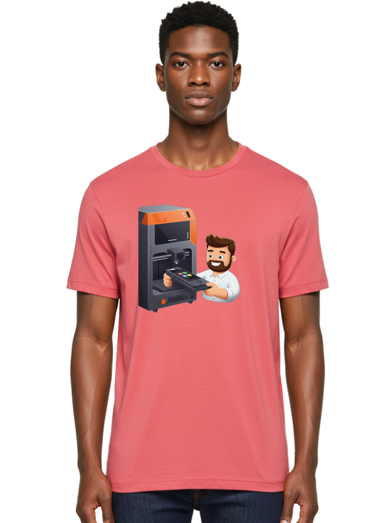 3D-Printer-18 Men'S Graphic Tee, 100% Cotton, Comfortable Casual Summer Wear, Machine Washable, Man Holding Phone, 3D Printing Technology, Phone Scanning, Digital Design, Modern Innovation, Futuristic Manufacturing, 3D Printer Machine Baa011 26
