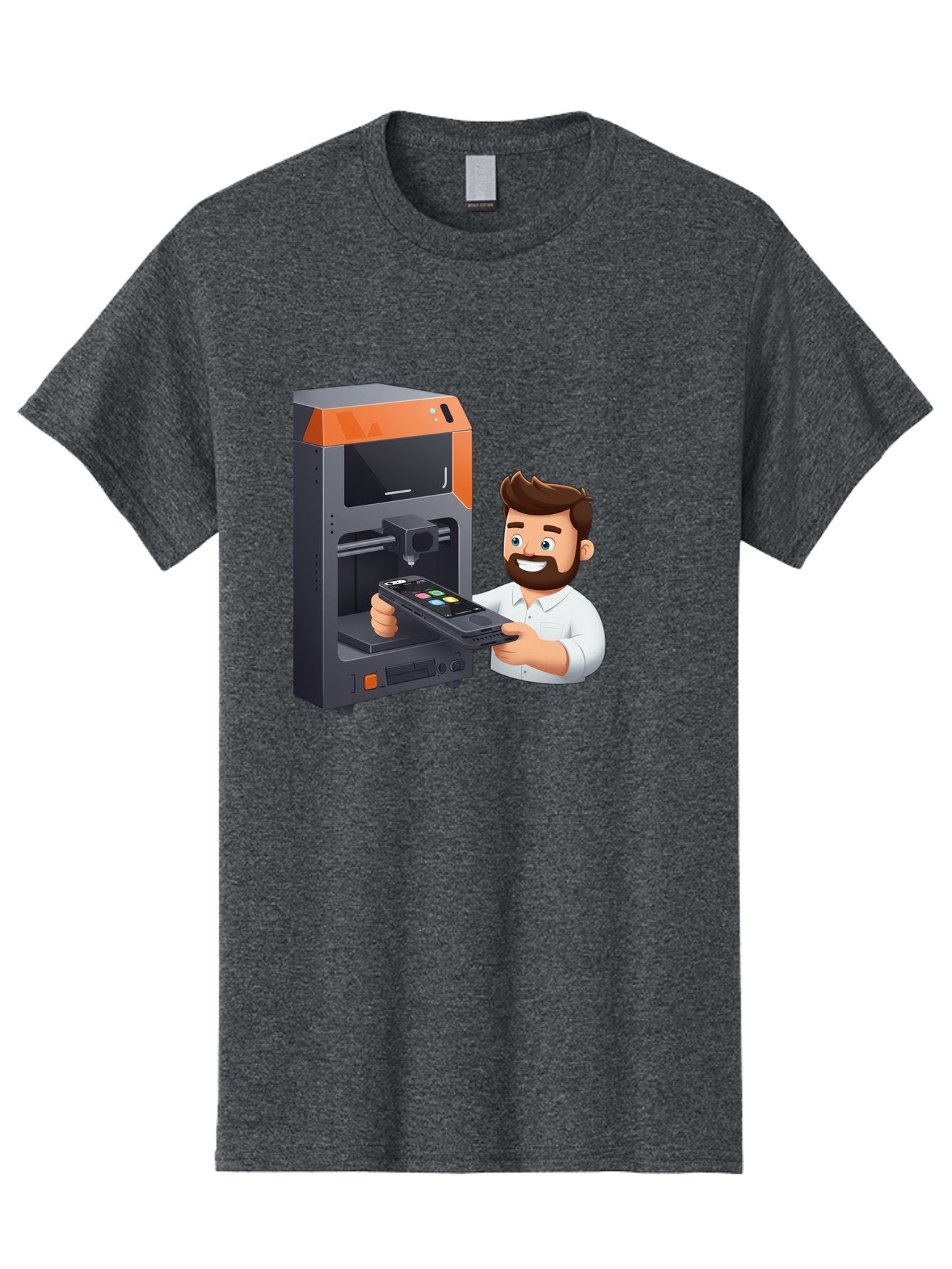 3D-Printer-18 Men'S Graphic Tee, 100% Cotton, Comfortable Casual Summer Wear, Machine Washable, Man Holding Phone, 3D Printing Technology, Phone Scanning, Digital Design, Modern Innovation, Futuristic Manufacturing, 3D Printer Machine Baa011 15