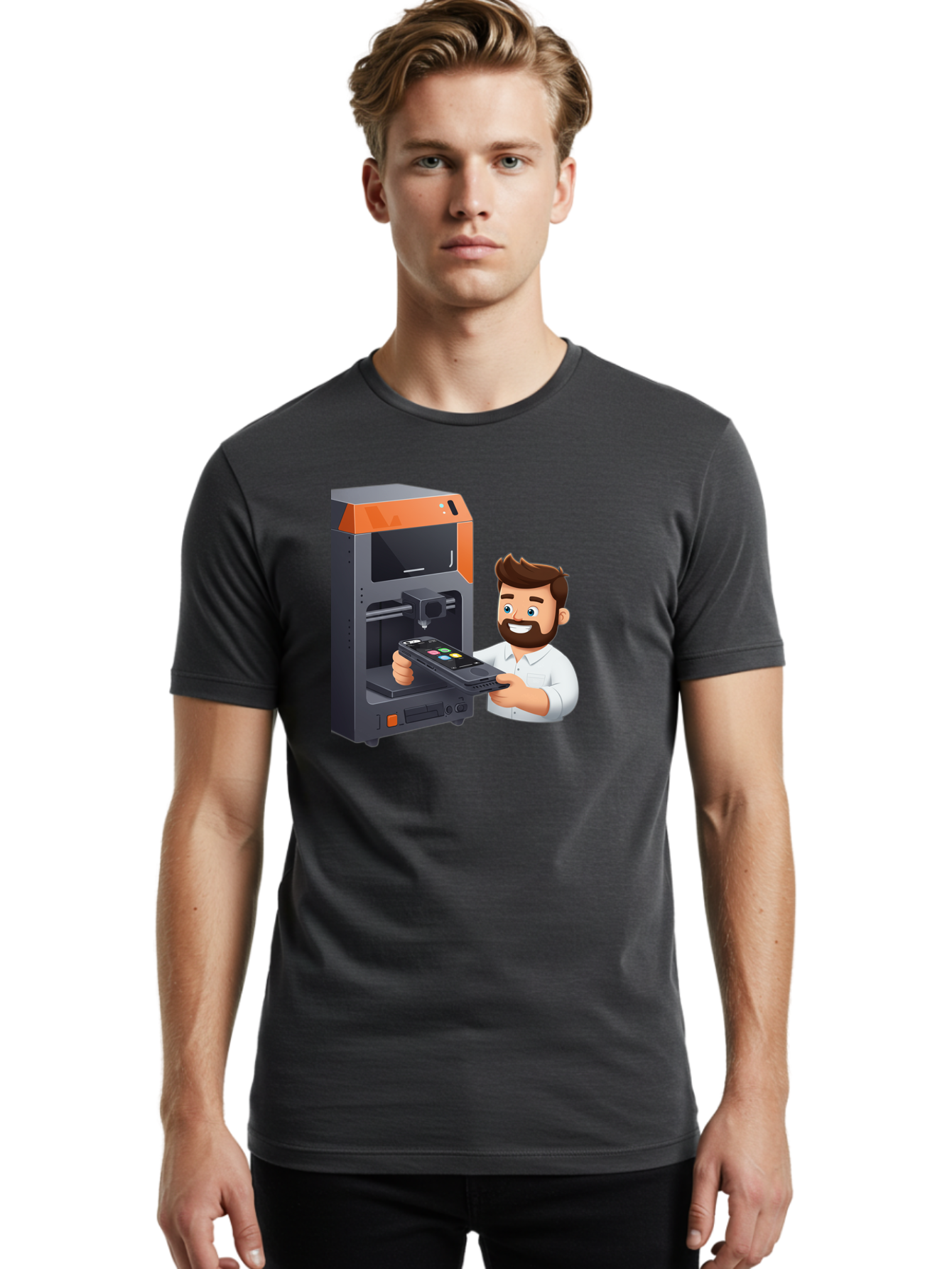3D-Printer-18 Men'S Graphic Tee, 100% Cotton, Comfortable Casual Summer Wear, Machine Washable, Man Holding Phone, 3D Printing Technology, Phone Scanning, Digital Design, Modern Innovation, Futuristic Manufacturing, 3D Printer Machine Baa011