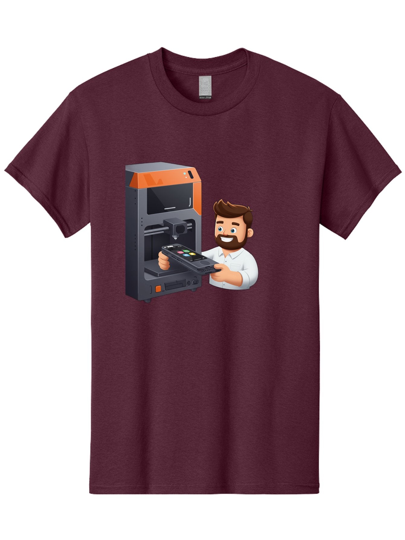 3D-Printer-18 Men'S Graphic Tee, 100% Cotton, Comfortable Casual Summer Wear, Machine Washable, Man Holding Phone, 3D Printing Technology, Phone Scanning, Digital Design, Modern Innovation, Futuristic Manufacturing, 3D Printer Machine Baa011 12