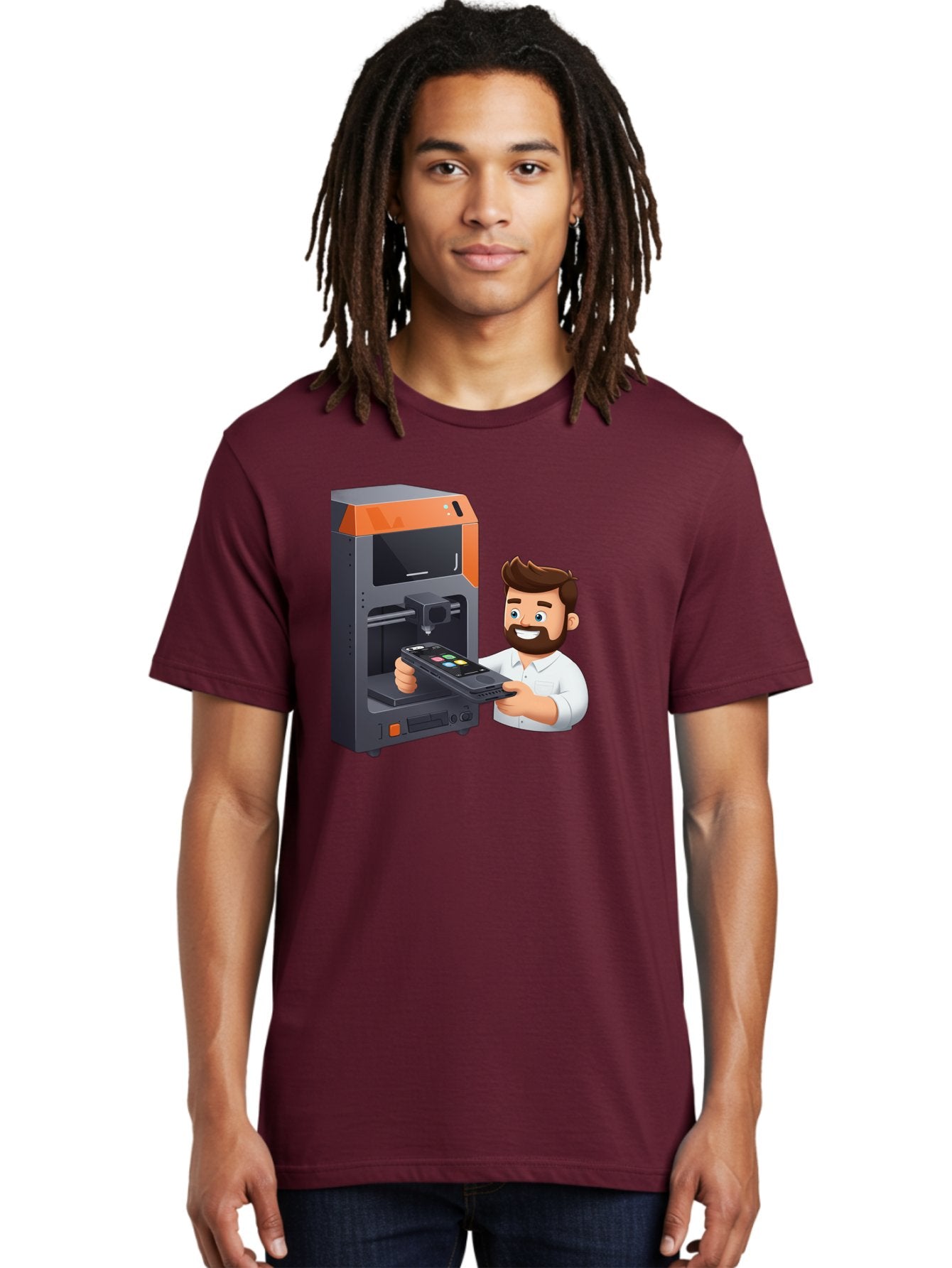 3D-Printer-18 Men'S Graphic Tee, 100% Cotton, Comfortable Casual Summer Wear, Machine Washable, Man Holding Phone, 3D Printing Technology, Phone Scanning, Digital Design, Modern Innovation, Futuristic Manufacturing, 3D Printer Machine Baa011 28
