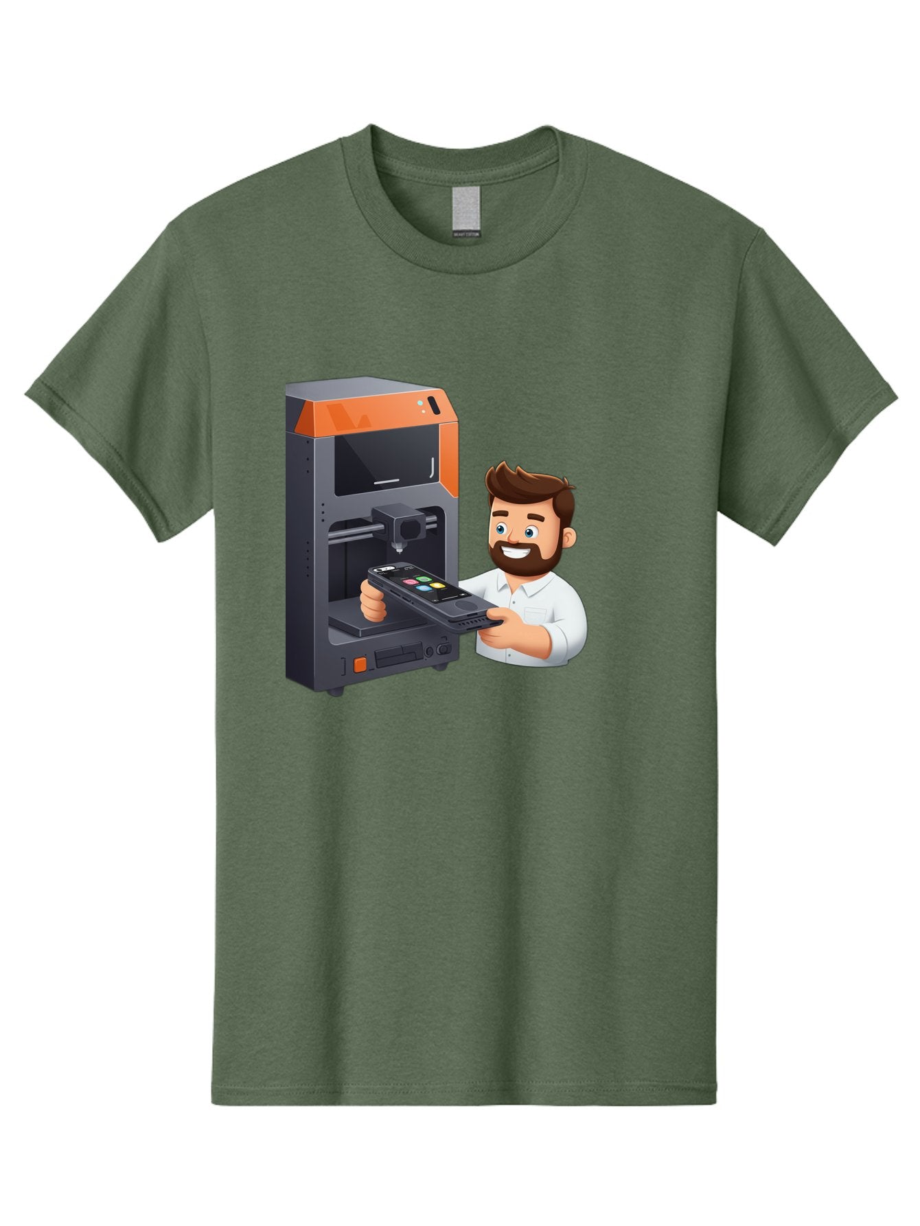 3D-Printer-18 Men'S Graphic Tee, 100% Cotton, Comfortable Casual Summer Wear, Machine Washable, Man Holding Phone, 3D Printing Technology, Phone Scanning, Digital Design, Modern Innovation, Futuristic Manufacturing, 3D Printer Machine Baa011 10