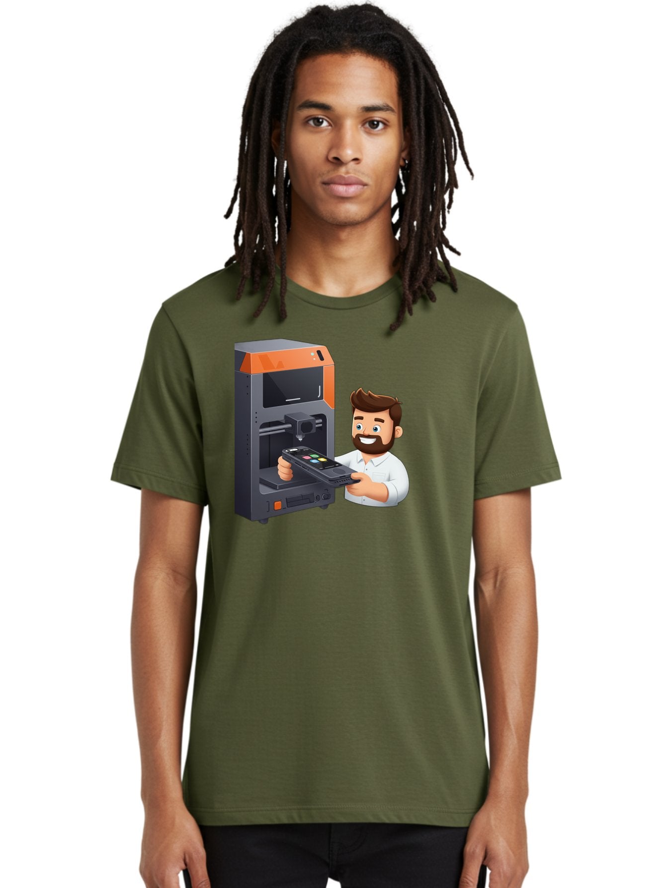 3D-Printer-18 Men'S Graphic Tee, 100% Cotton, Comfortable Casual Summer Wear, Machine Washable, Man Holding Phone, 3D Printing Technology, Phone Scanning, Digital Design, Modern Innovation, Futuristic Manufacturing, 3D Printer Machine Baa011 17