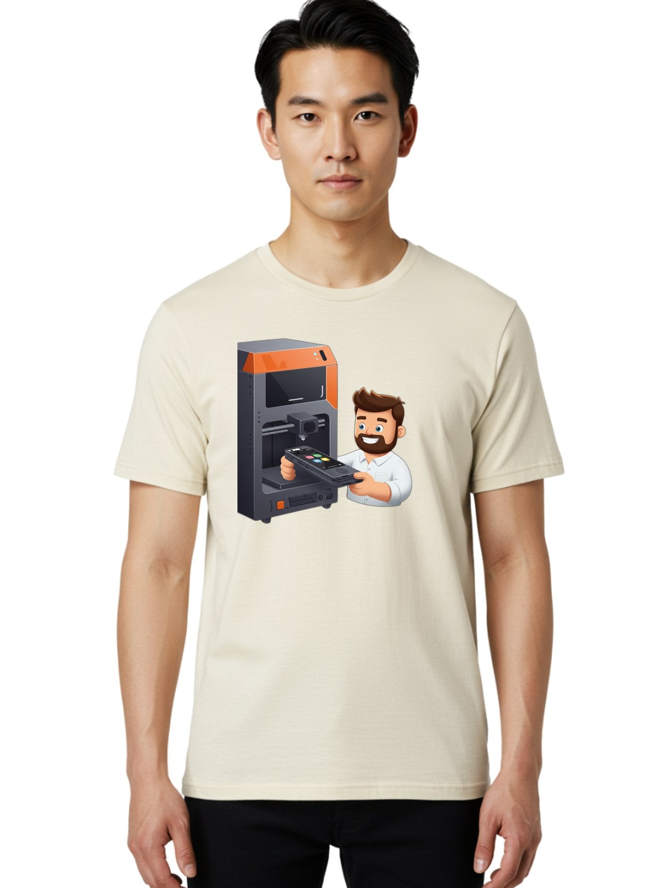 3D-Printer-18 Men'S Graphic Tee, 100% Cotton, Comfortable Casual Summer Wear, Machine Washable, Man Holding Phone, 3D Printing Technology, Phone Scanning, Digital Design, Modern Innovation, Futuristic Manufacturing, 3D Printer Machine Baa011 25