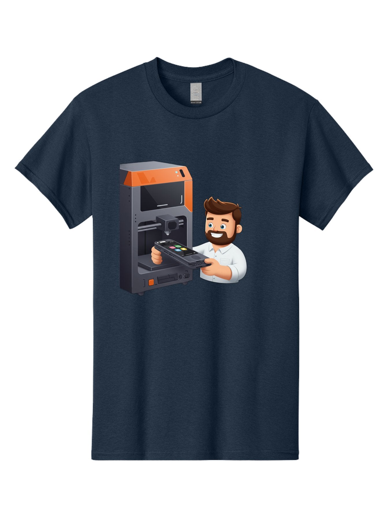 3D-Printer-18 Men'S Graphic Tee, 100% Cotton, Comfortable Casual Summer Wear, Machine Washable, Man Holding Phone, 3D Printing Technology, Phone Scanning, Digital Design, Modern Innovation, Futuristic Manufacturing, 3D Printer Machine Baa011 13