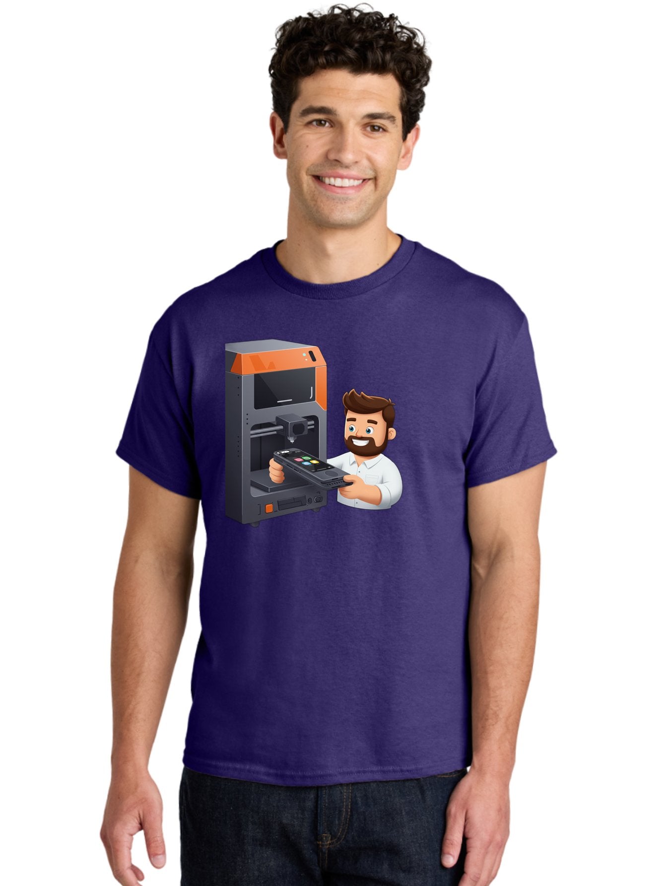 3D-Printer-18 Men'S Graphic Tee, 100% Cotton, Comfortable Casual Summer Wear, Machine Washable, Man Holding Phone, 3D Printing Technology, Phone Scanning, Digital Design, Modern Innovation, Futuristic Manufacturing, 3D Printer Machine Baa011 19