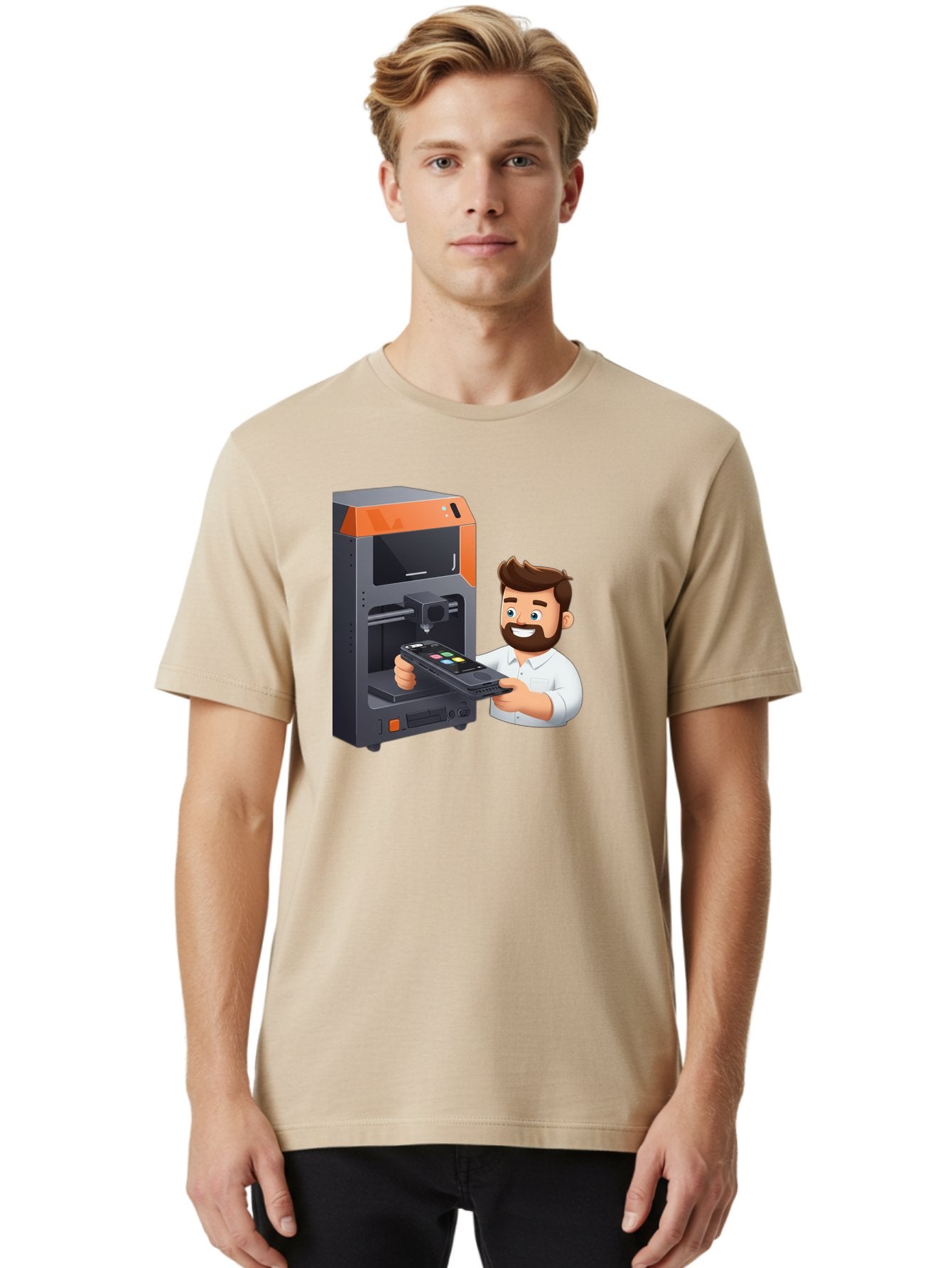 3D-Printer-18 Men'S Graphic Tee, 100% Cotton, Comfortable Casual Summer Wear, Machine Washable, Man Holding Phone, 3D Printing Technology, Phone Scanning, Digital Design, Modern Innovation, Futuristic Manufacturing, 3D Printer Machine Baa011 23