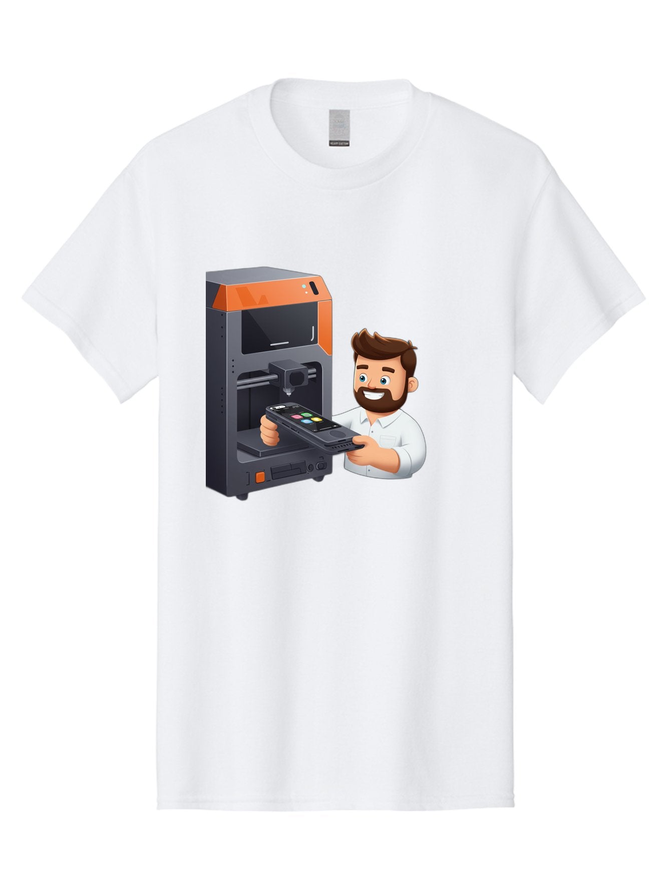 3D-Printer-18 Men'S Graphic Tee, 100% Cotton, Comfortable Casual Summer Wear, Machine Washable, Man Holding Phone, 3D Printing Technology, Phone Scanning, Digital Design, Modern Innovation, Futuristic Manufacturing, 3D Printer Machine Baa011 9