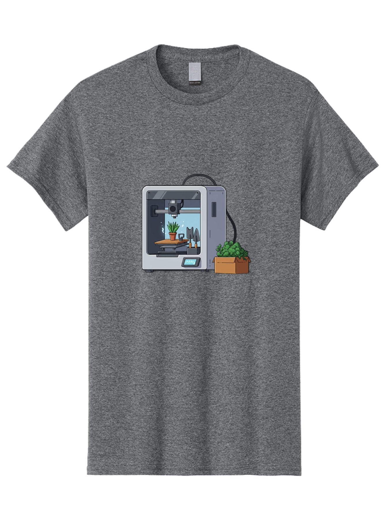 3D-Printer-23 Men'S Graphic Tee, 100% Cotton, Comfortable Casual Summer Wear, Machine Washable, 3D Printing Technology, Digital Fabrication, Futuristic Manufacturing, Potted Plant, Succulent Plants, Cardboard Box, Modern Machinery, Baa017