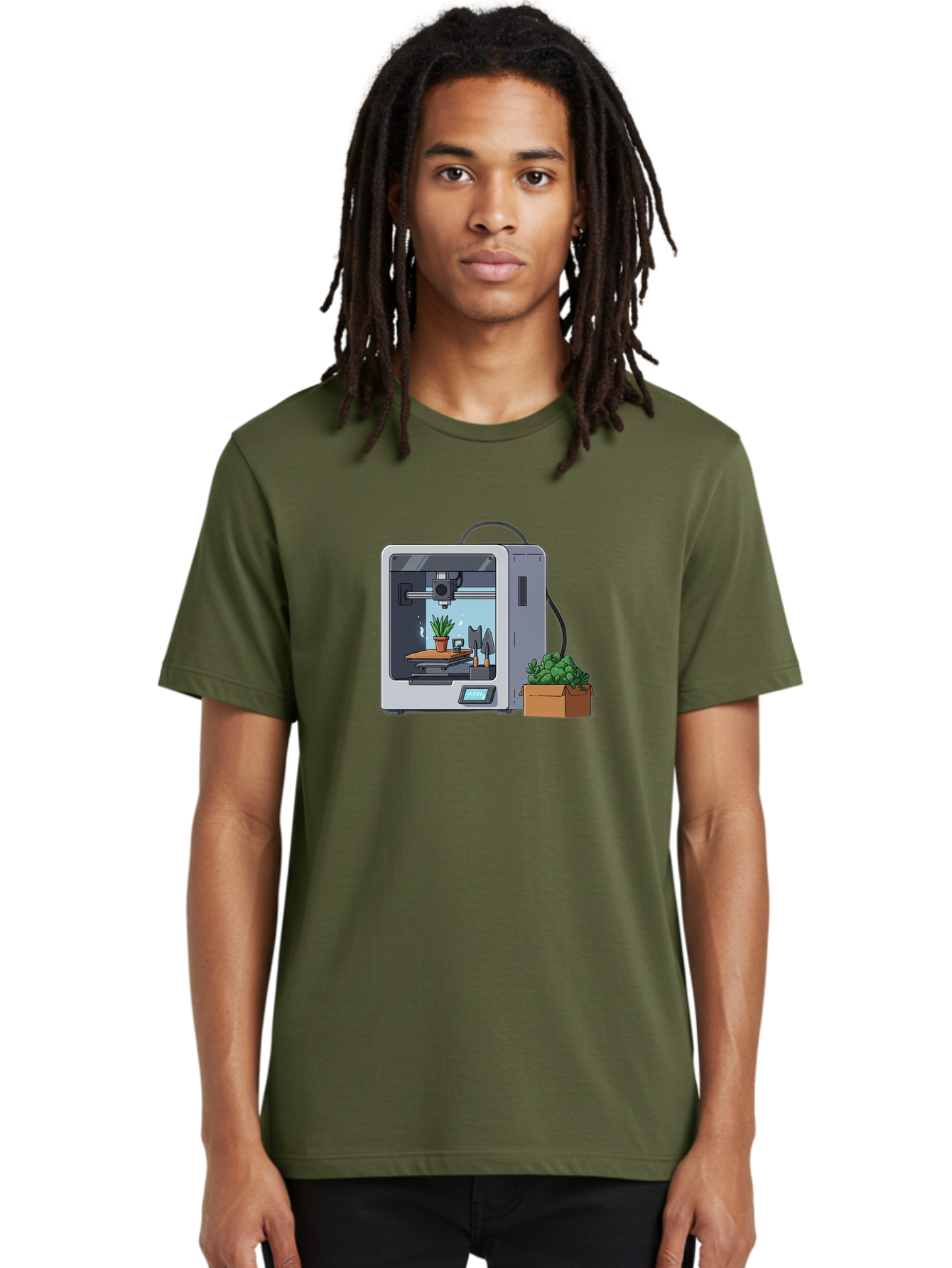 3D-Printer-23 Men'S Graphic Tee, 100% Cotton, Comfortable Casual Summer Wear, Machine Washable, 3D Printing Technology, Digital Fabrication, Futuristic Manufacturing, Potted Plant, Succulent Plants, Cardboard Box, Modern Machinery, Baa017 10