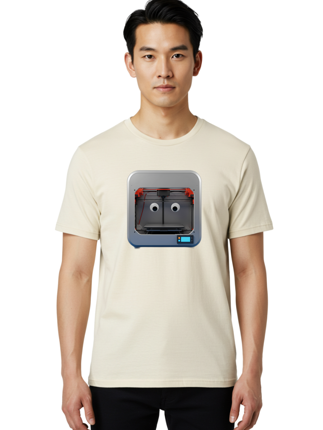 3D-Printer-27 Men'S Graphic Tee, 100% Cotton, Comfortable Casual Summer Wear, Machine Washable, 3D Printing Technology, Additive Manufacturing, Digital Fabrication, Printer Interior, Gray Metal Frame, Orange Accents, Control Panel, Baa021
