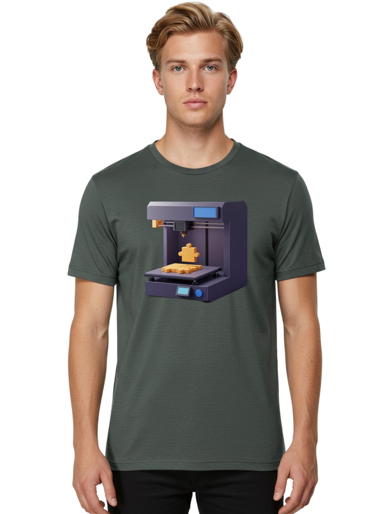 3D-Printer-30 Men'S Graphic Tee, 100% Cotton, Comfortable Casual Summer Wear, Machine Washable, 3D Printing Technology, Additive Manufacturing, Puzzle Piece Being Printed, Modern Machinery, Digital Fabrication, 3D Modeling, Yellow Plastic, Baa025 24