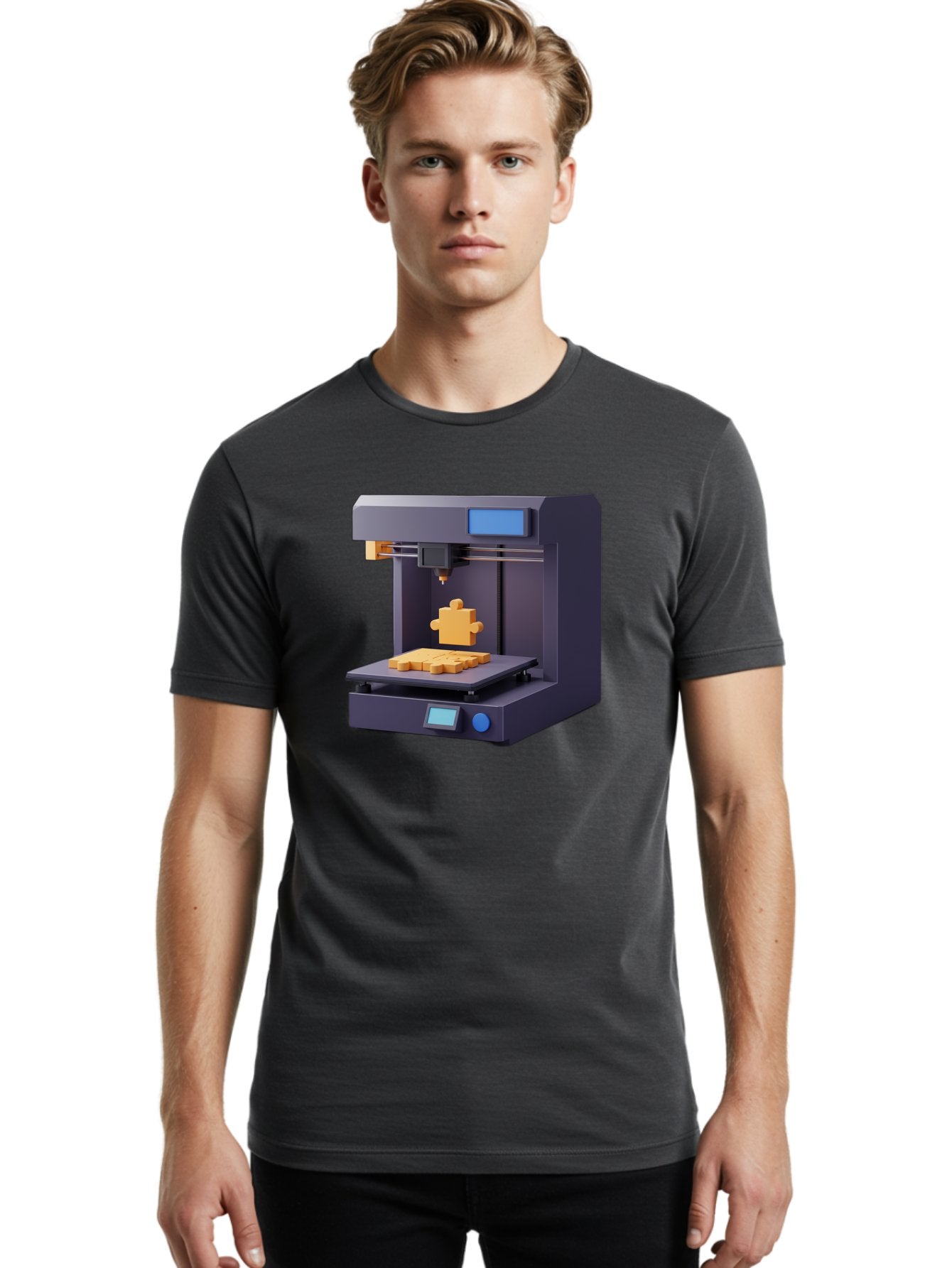 3D-Printer-30 Men'S Graphic Tee, 100% Cotton, Comfortable Casual Summer Wear, Machine Washable, 3D Printing Technology, Additive Manufacturing, Puzzle Piece Being Printed, Modern Machinery, Digital Fabrication, 3D Modeling, Yellow Plastic, Baa025 27