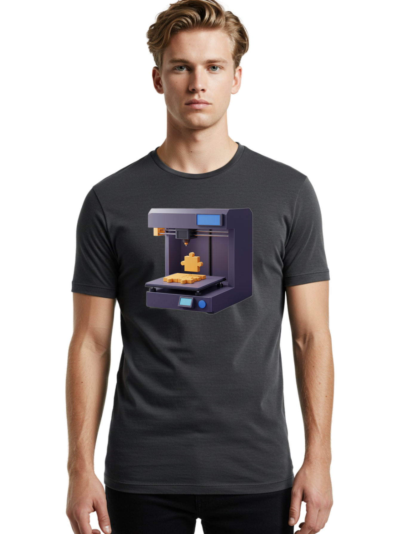3D-Printer-30 Men'S Graphic Tee, 100% Cotton, Comfortable Casual Summer Wear, Machine Washable, 3D Printing Technology, Additive Manufacturing, Puzzle Piece Being Printed, Modern Machinery, Digital Fabrication, 3D Modeling, Yellow Plastic, Baa025 8