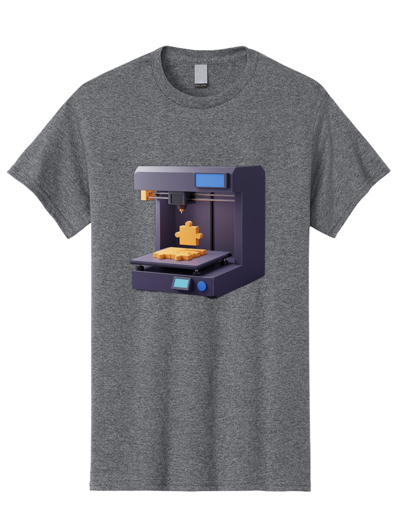 3D-Printer-30 Men'S Graphic Tee, 100% Cotton, Comfortable Casual Summer Wear, Machine Washable, 3D Printing Technology, Additive Manufacturing, Puzzle Piece Being Printed, Modern Machinery, Digital Fabrication, 3D Modeling, Yellow Plastic, Baa025