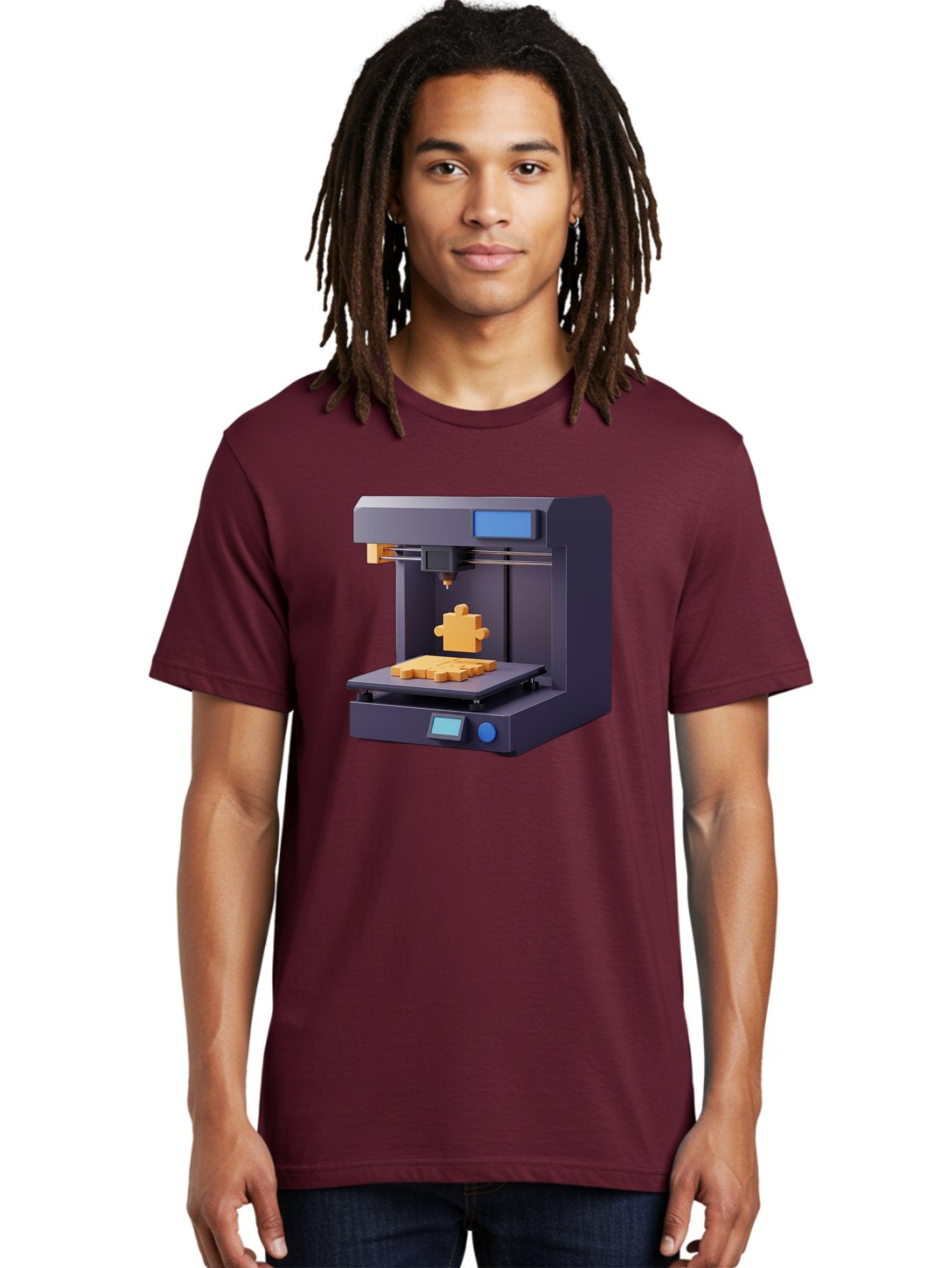 3D-Printer-30 Men'S Graphic Tee, 100% Cotton, Comfortable Casual Summer Wear, Machine Washable, 3D Printing Technology, Additive Manufacturing, Puzzle Piece Being Printed, Modern Machinery, Digital Fabrication, 3D Modeling, Yellow Plastic, Baa025 22