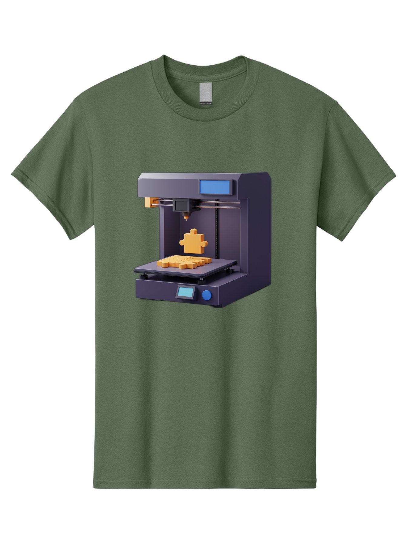 3D-Printer-30 Men'S Graphic Tee, 100% Cotton, Comfortable Casual Summer Wear, Machine Washable, 3D Printing Technology, Additive Manufacturing, Puzzle Piece Being Printed, Modern Machinery, Digital Fabrication, 3D Modeling, Yellow Plastic, Baa025