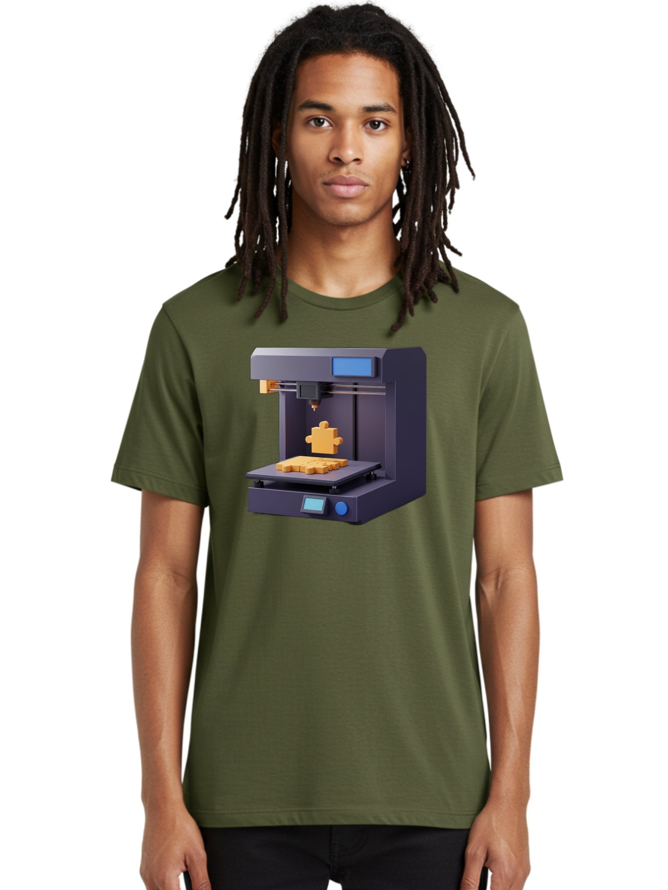 3D-Printer-30 Men'S Graphic Tee, 100% Cotton, Comfortable Casual Summer Wear, Machine Washable, 3D Printing Technology, Additive Manufacturing, Puzzle Piece Being Printed, Modern Machinery, Digital Fabrication, 3D Modeling, Yellow Plastic, Baa025 19